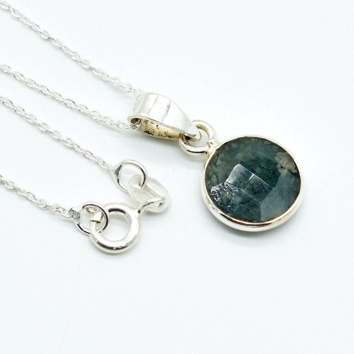 Handmade Faceted Moss Agate Necklace: Round 925K Silver Pendant Size ONE SIZE - 3 Thumbnail