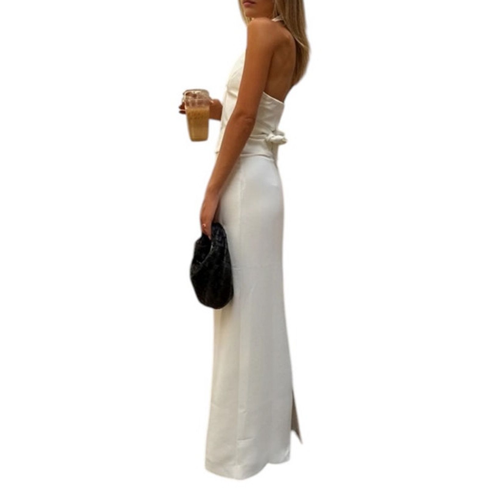 Commense V-Neck Backless Tie Up Halter Split Maxi Skirt Set