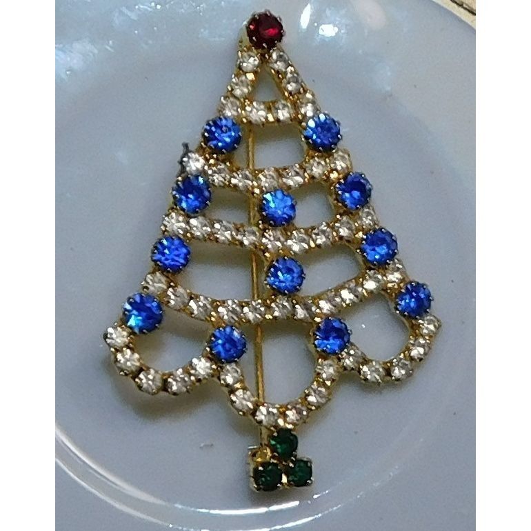 Other Vintage Christmas Tree Brooch Blue And Gold Tone With Rhines Size ONE SIZE - 2 Thumbnail
