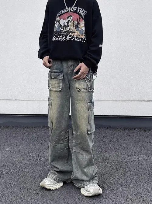VIBE Retro Distressed Yellow Mud Loose Cargo Jeans Size US 32 / EU 48 - 6 Thumbnail