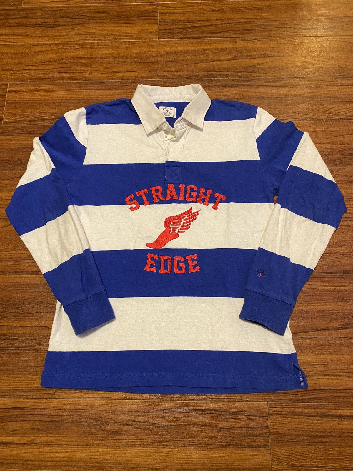 Image of Noah Straight Edge Blue + White Rugby Long Sleeve Size S in Blue/White, Men's