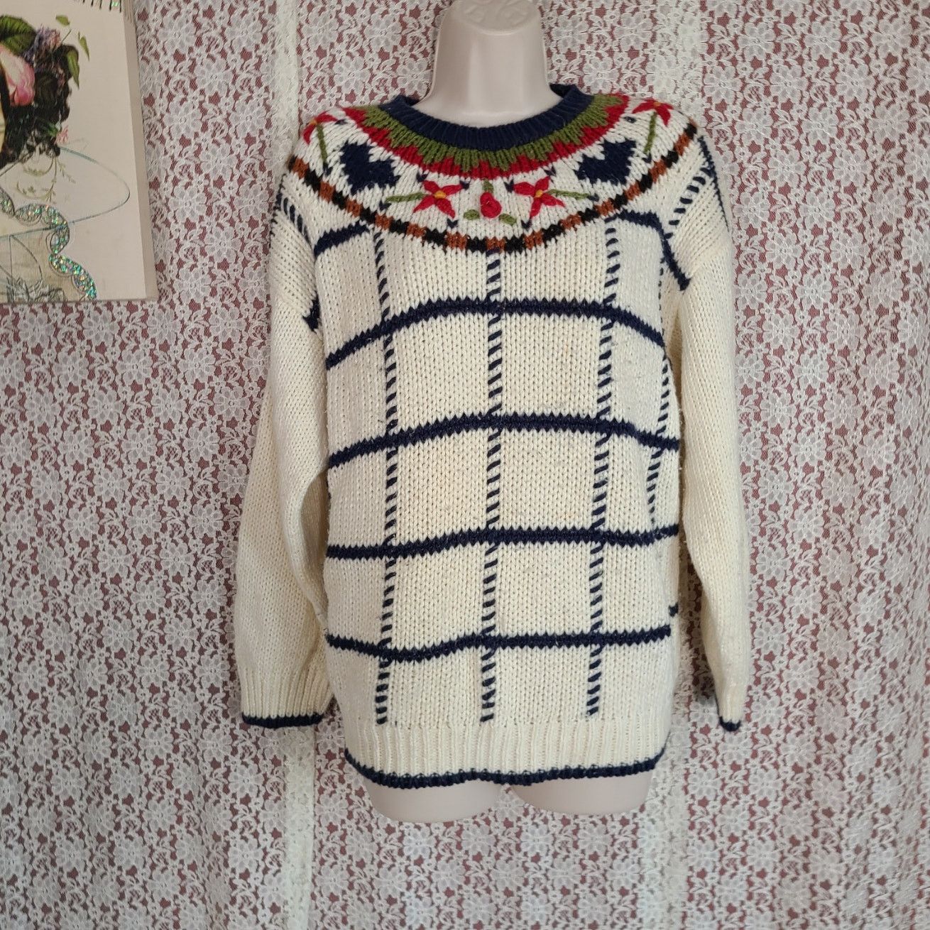 Vintage Vintage 80s backroad blues cream floral heart sweater 18w Size XL / US 12-14 / IT 48-50 - 1 Thumbnail