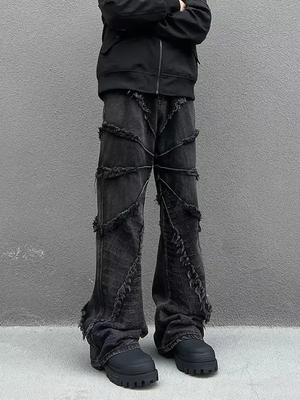 Japanese Brand Retro loose straight leg patchwork fringed jeans Size US 30 / EU 46 - 2 Thumbnail