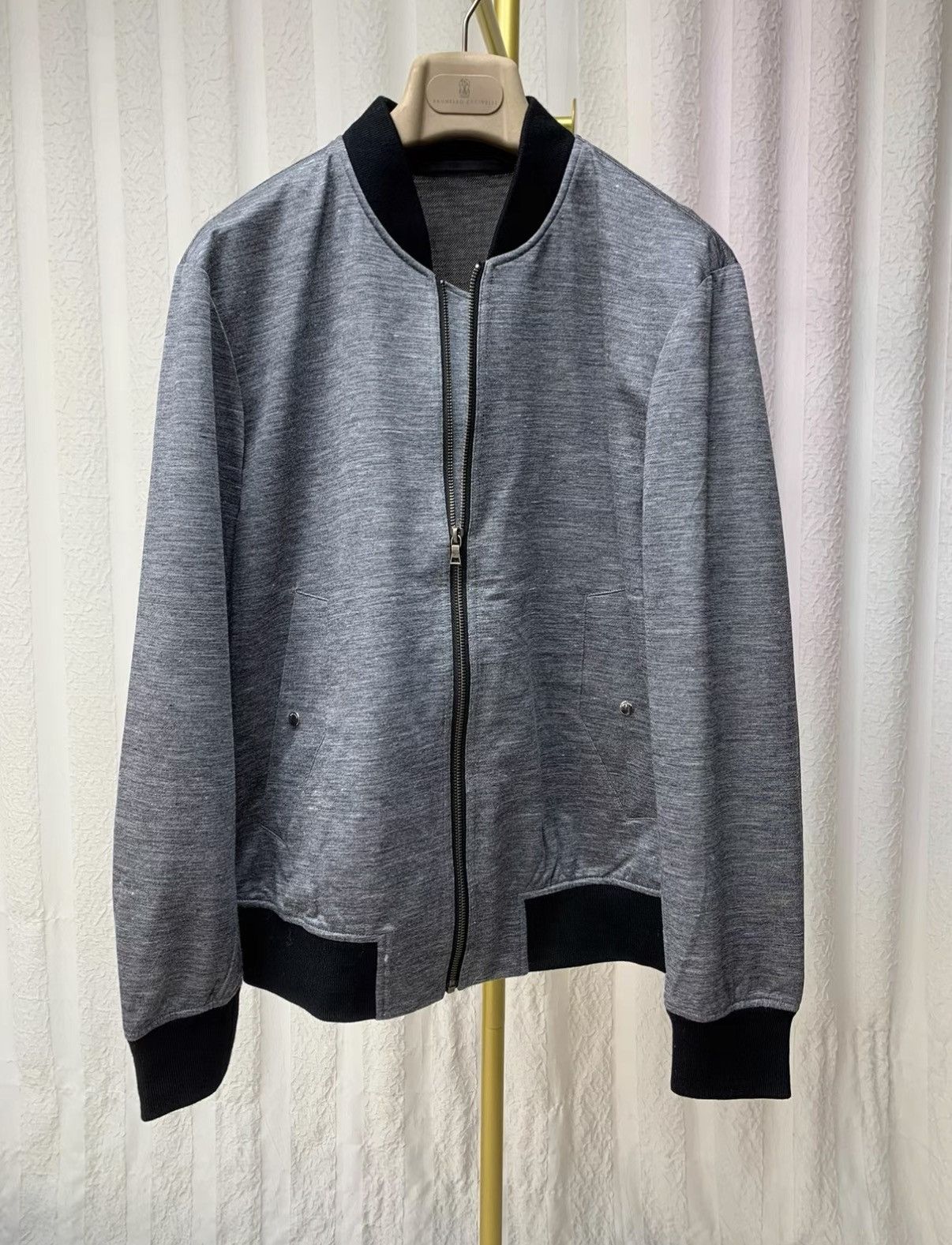 Paul Smith PAUL SMITH Grey Knit Black Collar Baseball Jacket Size US XL / EU 56 / 4 - 1 Thumbnail