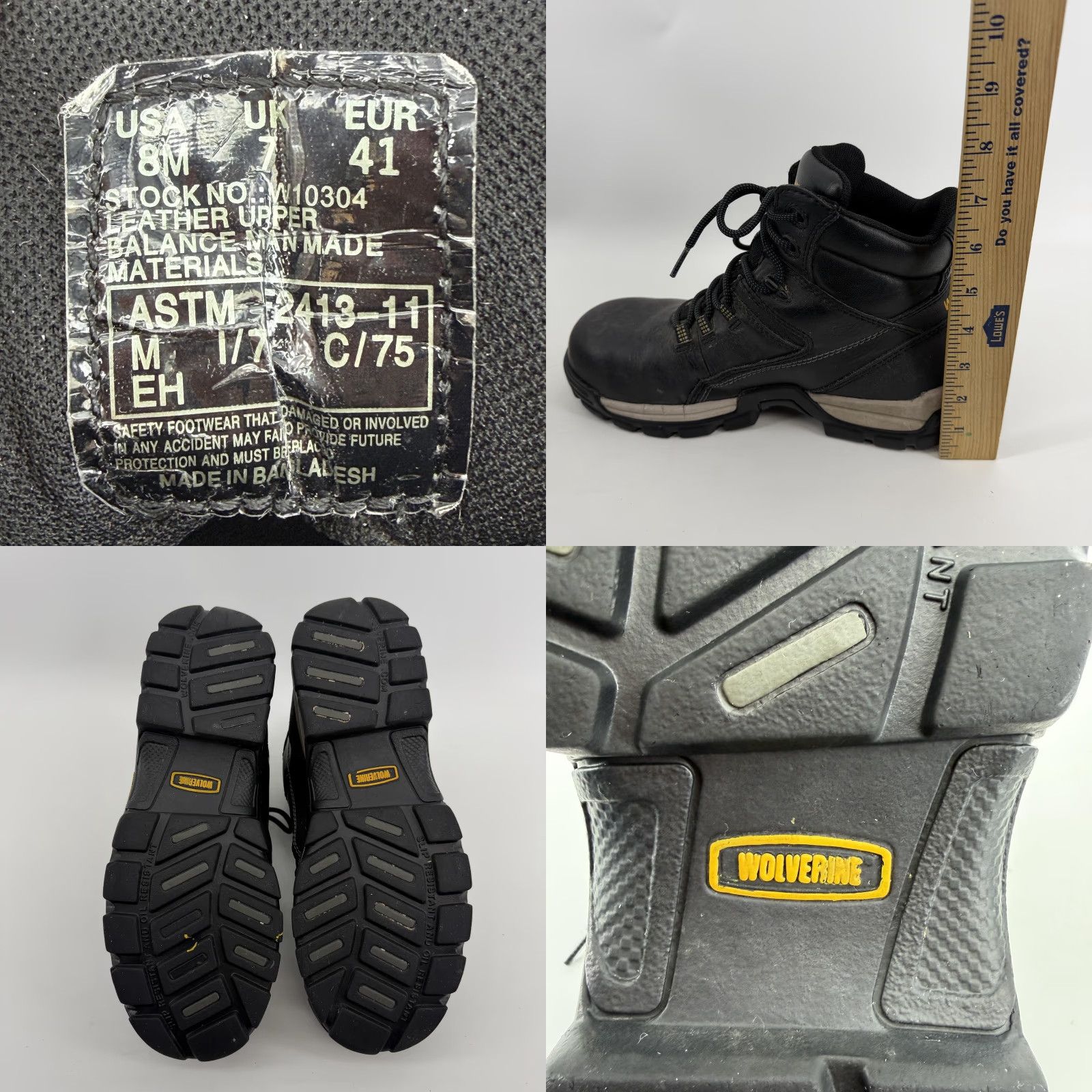 Vintage Wolverine CarbonMAX Boots Mens 8 M Black Waterproof Workwear Outdoor Leather Rubber Sole Ankle Lace Up Slip Resistant 3 lb 3.7 oz Safety Toe Size US 8 / EU 41 - 10 Thumbnail