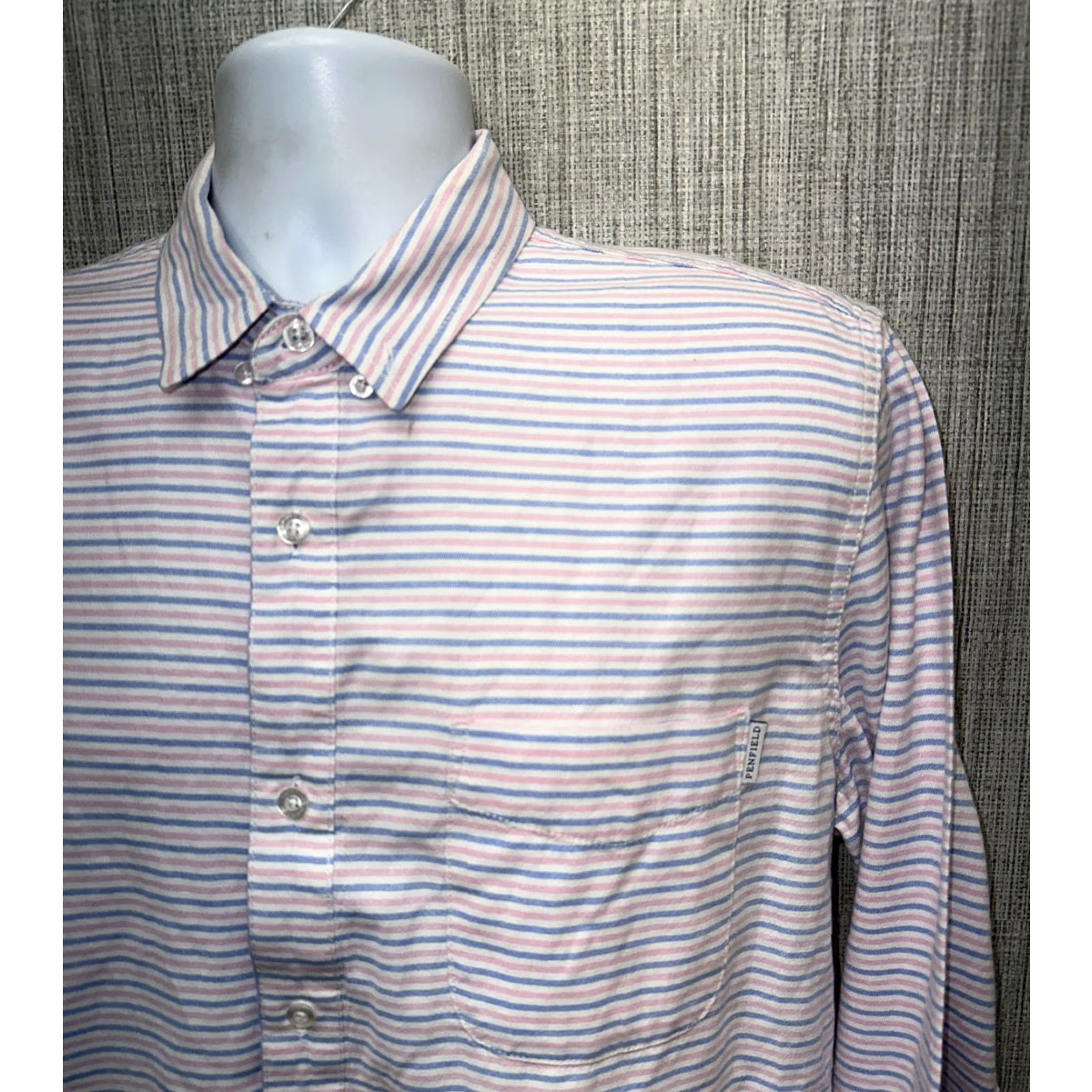 Penfield Penfield Dress Shirt Mens Blue/Pink Striped Long Sleeve Button Front Size 17.5 Regular Collar-Down Size 48R - 2 Thumbnail