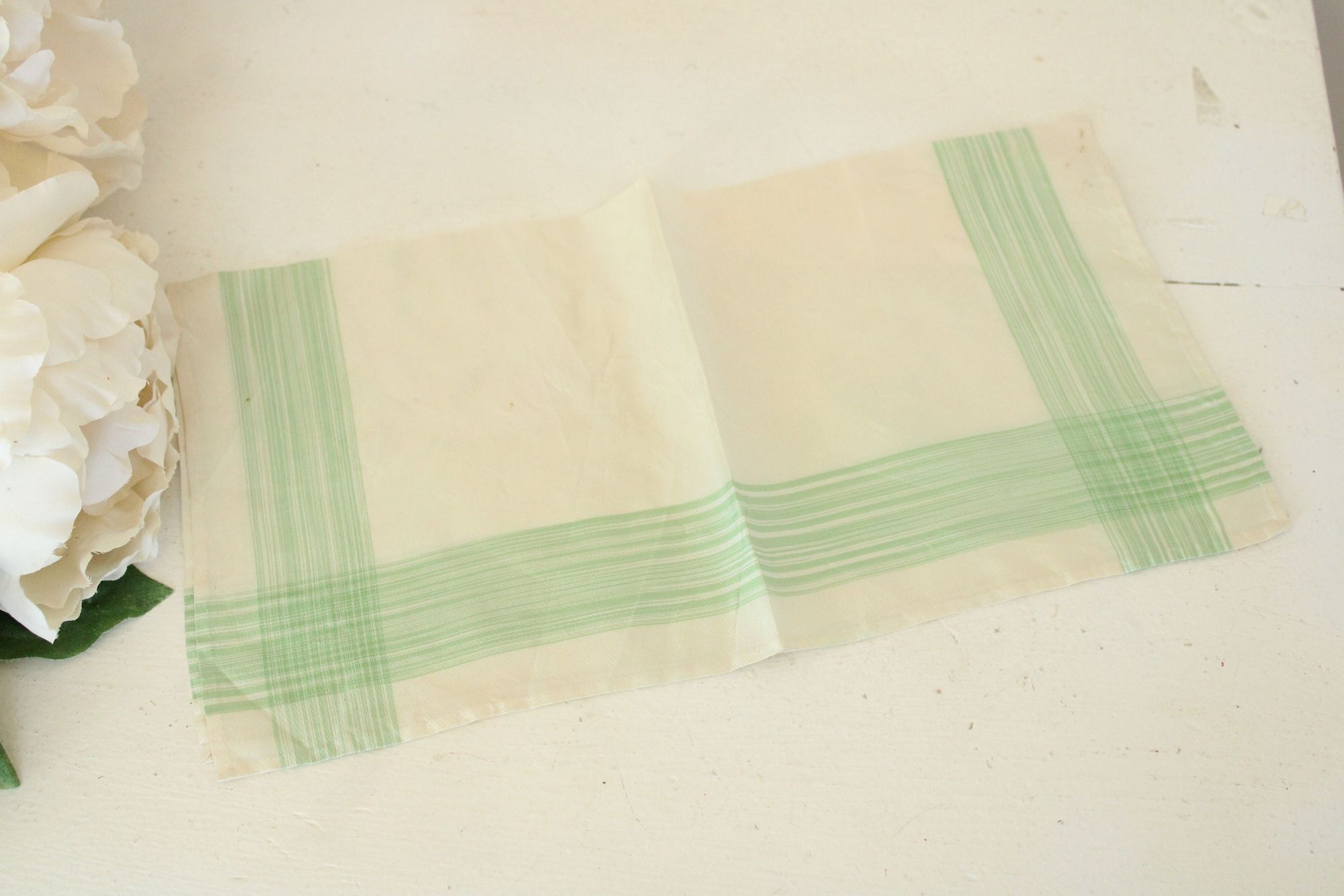 Vintage Vintage 1950s Handkerchief, Cream with Green Striped Border Size ONE SIZE - 4 Thumbnail