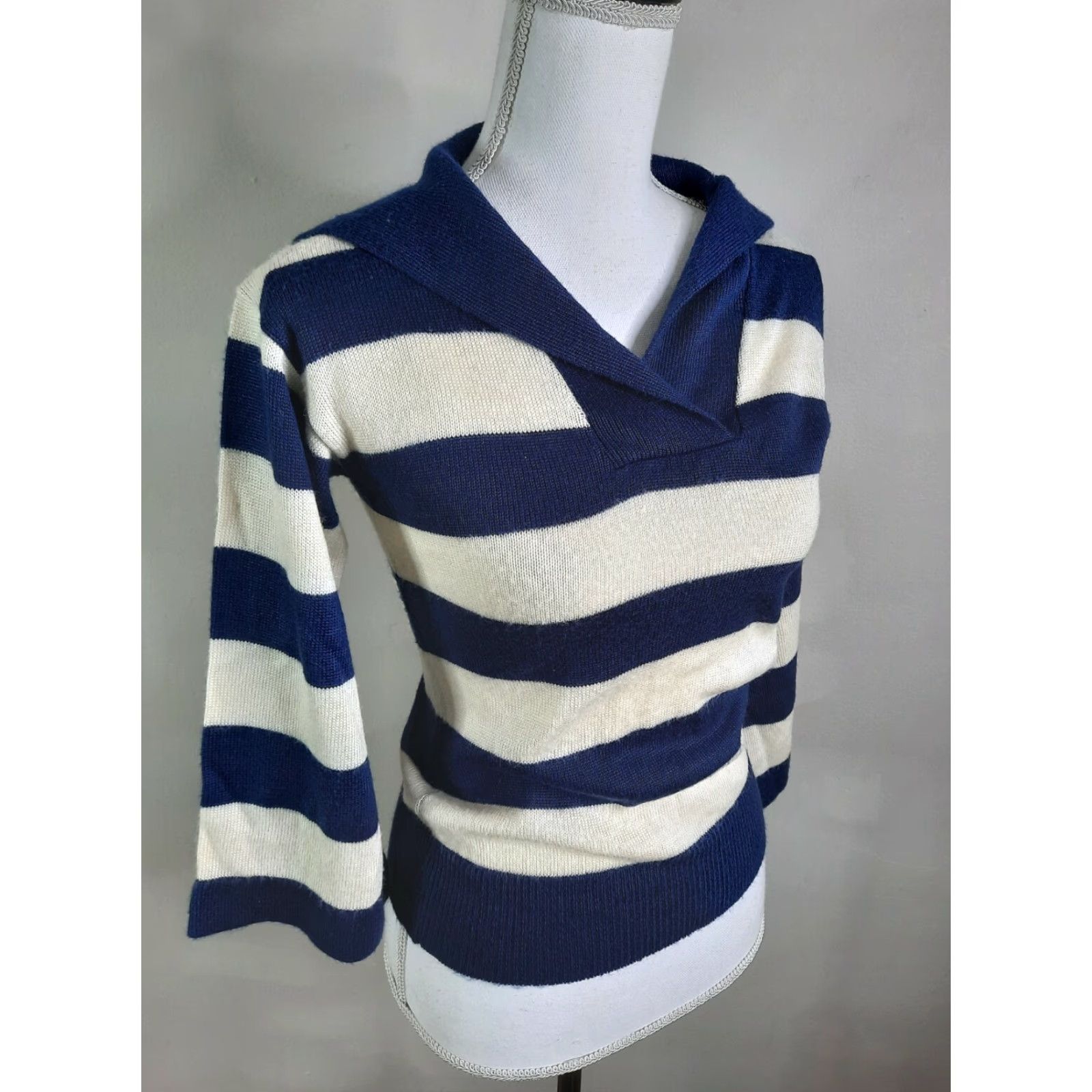 Nautica VINTAGE Offspring By Trisha Sayad 1970s Nautical Blue White Striped Sweater XS Size XS / US 0-2 / IT 36-38 - 3 Thumbnail