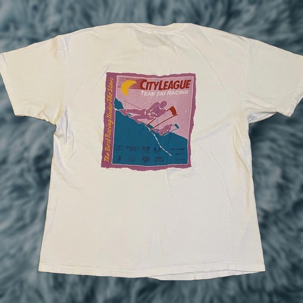 Vintage VINTAGE 90s City League Ski Racing T-Shirt XL White Grunge Distressed Single Stitch Mens USA 80s 90s Sun Art Size US XL / EU 56 / 4 - 1 Thumbnail