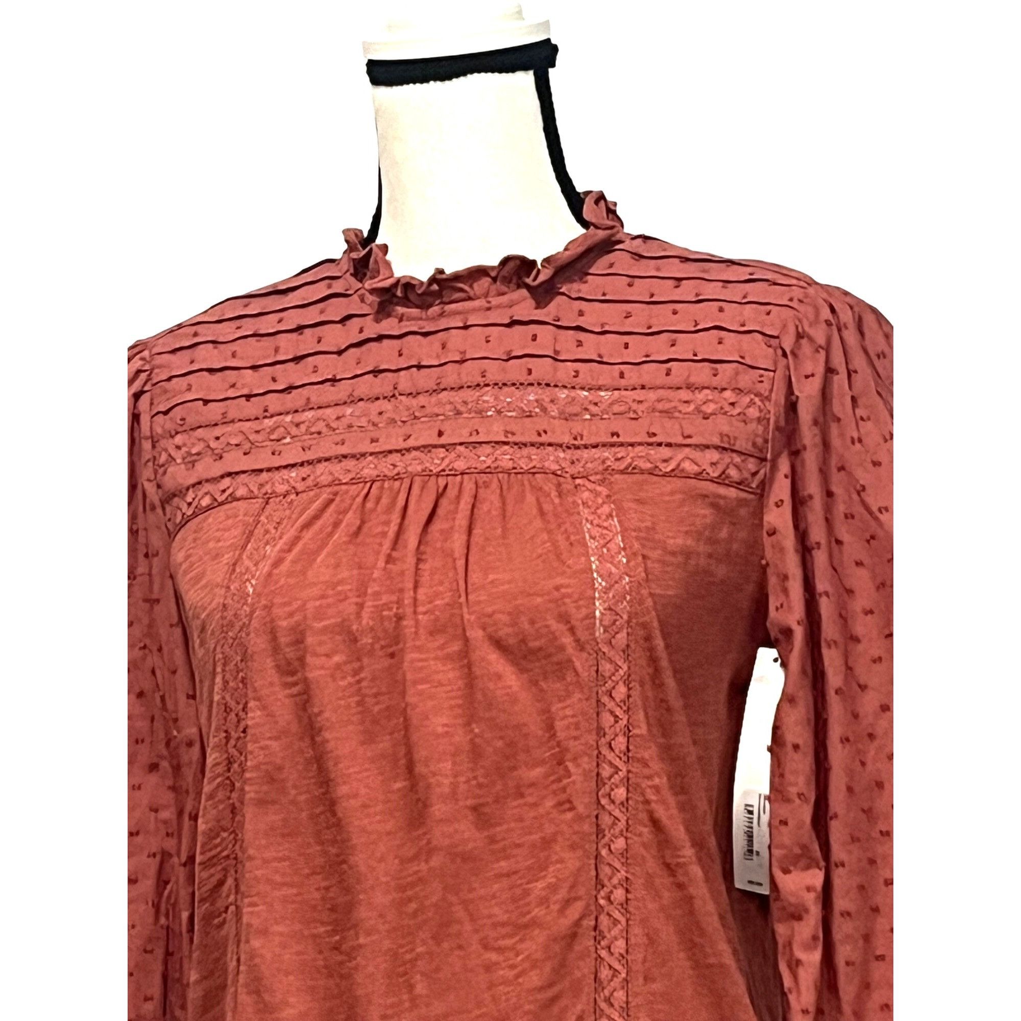 Other Caslon Pintuck Lace Detail Long Sleeve Cotton Blouse, Brown Size XS / US 0-2 / IT 36-38 - 4 Thumbnail