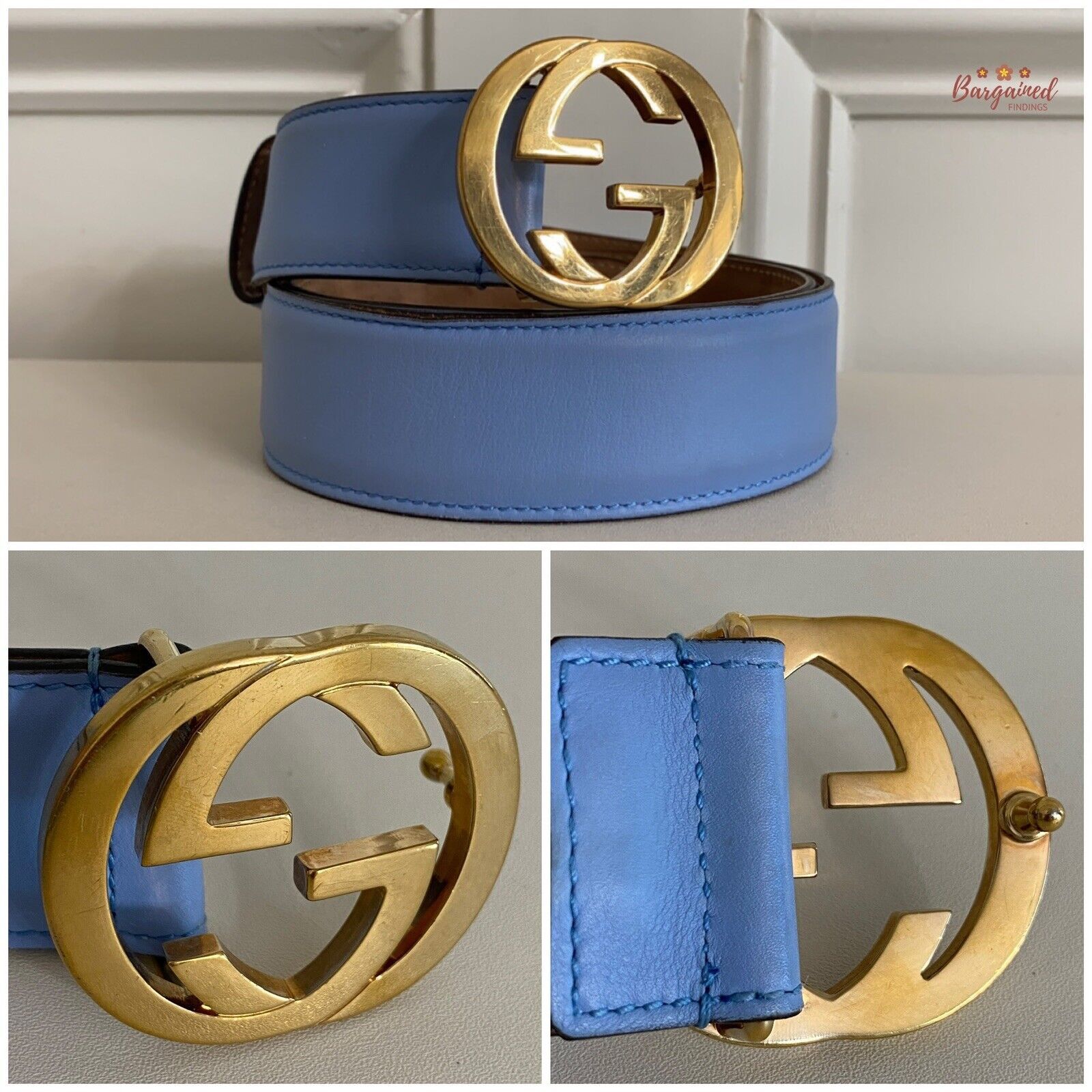 Gucci Gucci Blue Calfskin Leather Gold Interlocking G Buckle Belt Size 30 - 8 Thumbnail