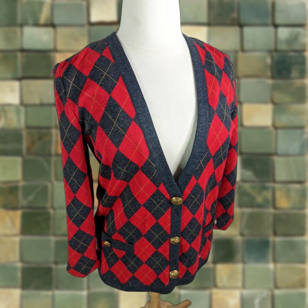 Vintage VTG Leslie Fay Argyle Cardigan Women’s XL Red Gold Gray S4C V Neck 90s 80s Vintage Secretary/Geek Clothing Mens? Size XL / US 12-14 / IT 48-50 - 1 Thumbnail
