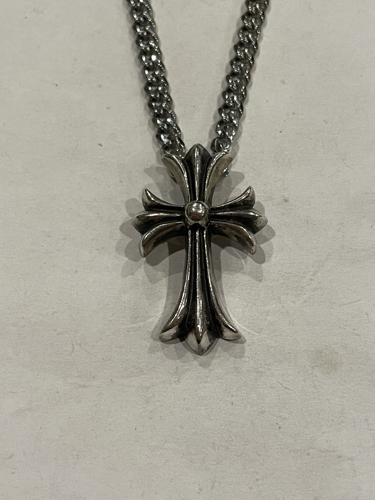 image of Chrome Hearts Large Cross Pendant Cuban Link Chain Necklace in Silver, Men's