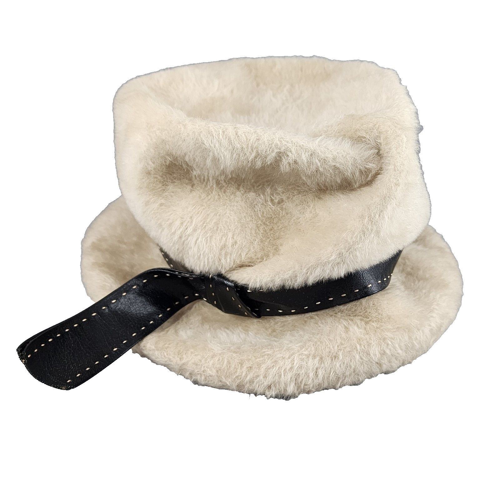 Marche Fur Pillbox Style Hat w/Brim & Leather Band – Beige