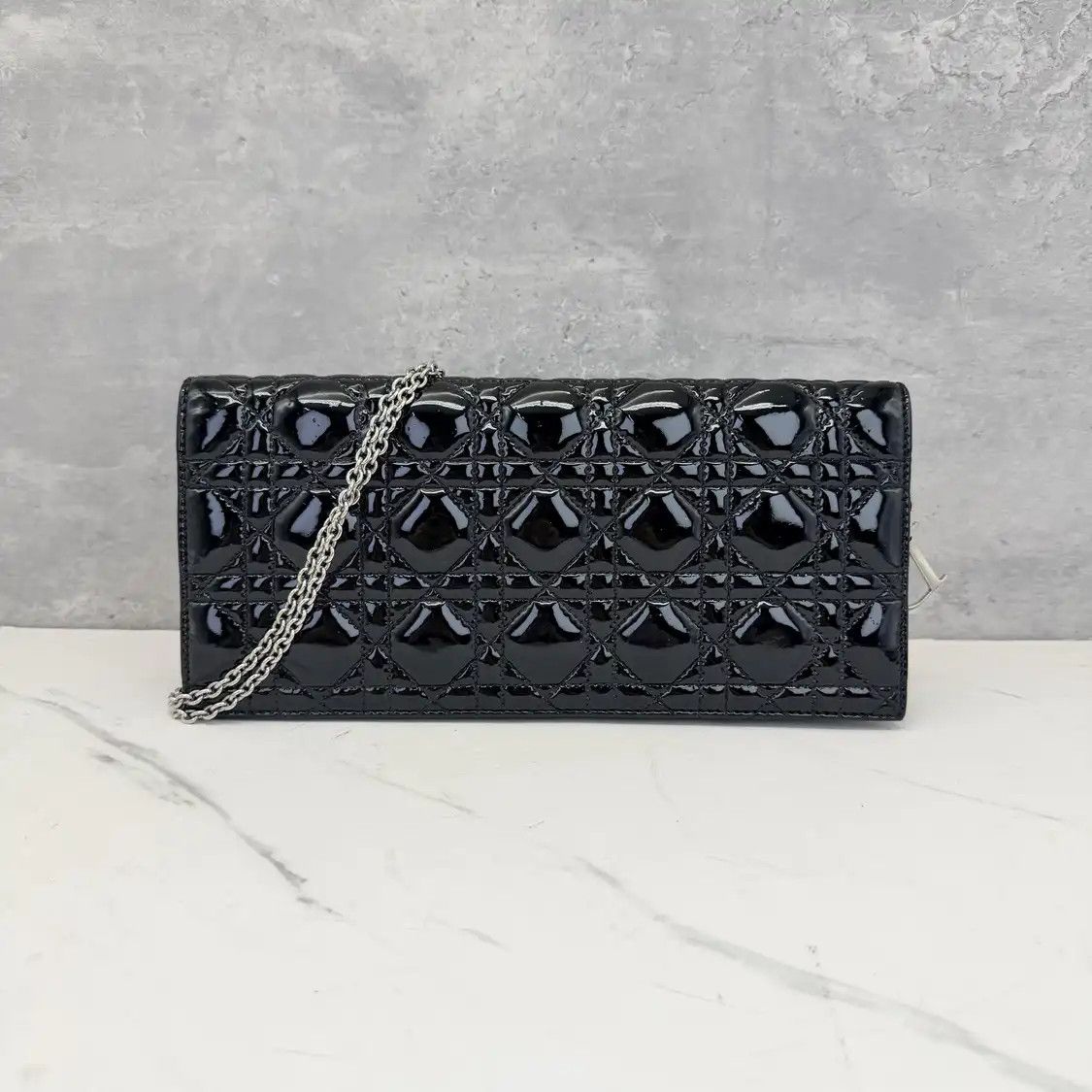 Dior Lady Dior Black Patent Leather Rattan Plaid Quilted Crossbody Bag, Women's