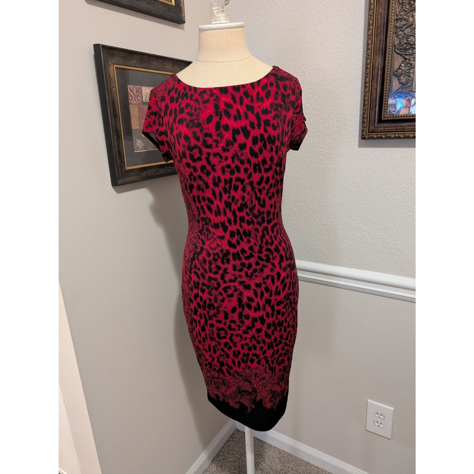 Other Cache Red & Black Leopard Print Short Sleeve Dress Size XS / US 0-2 / IT 36-38 - 1 Thumbnail