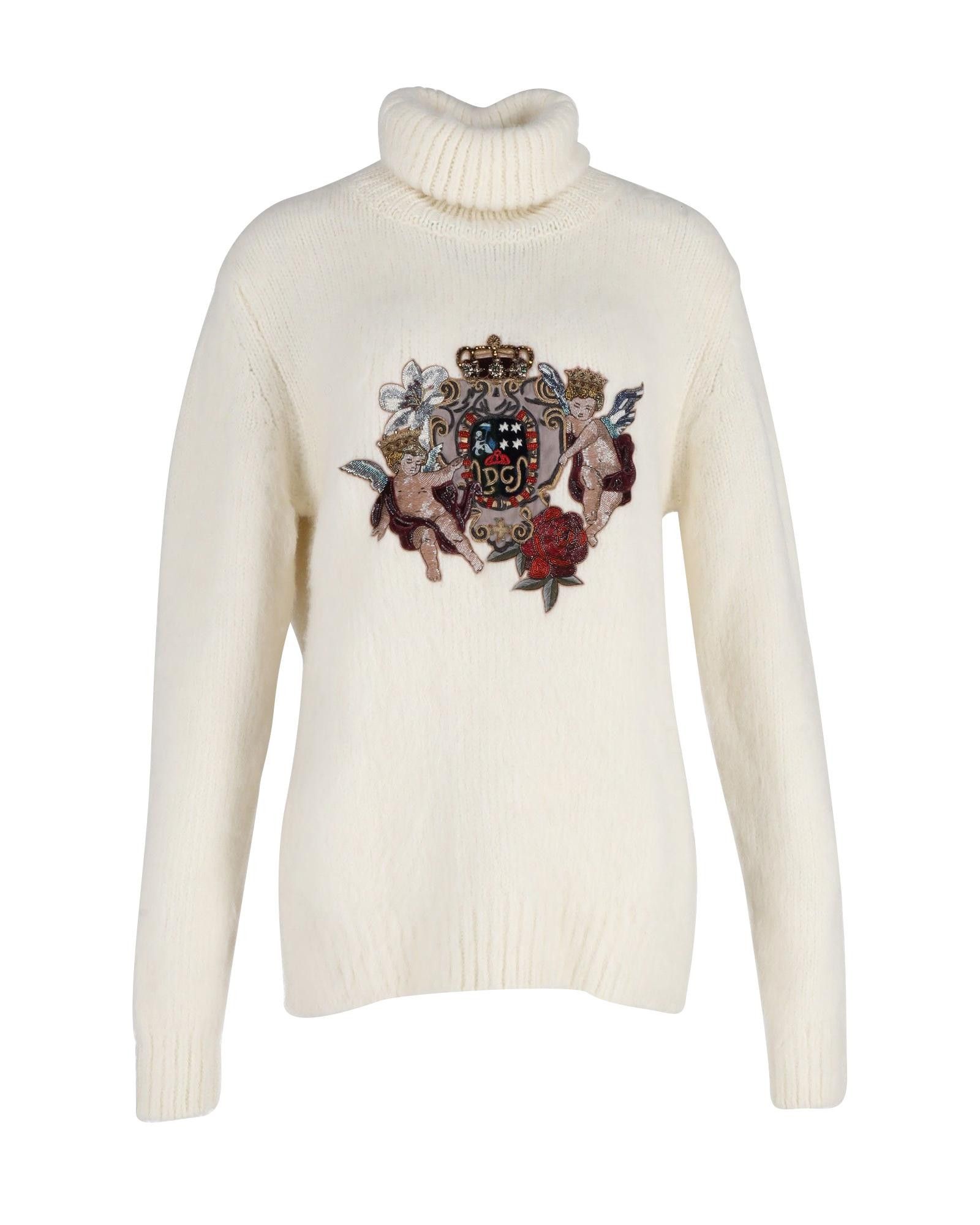 image of Dolce Gabbana Embellished Turtleneck Sweater In Ecru Acrylic in White/Ecru, Women's (Size XL)