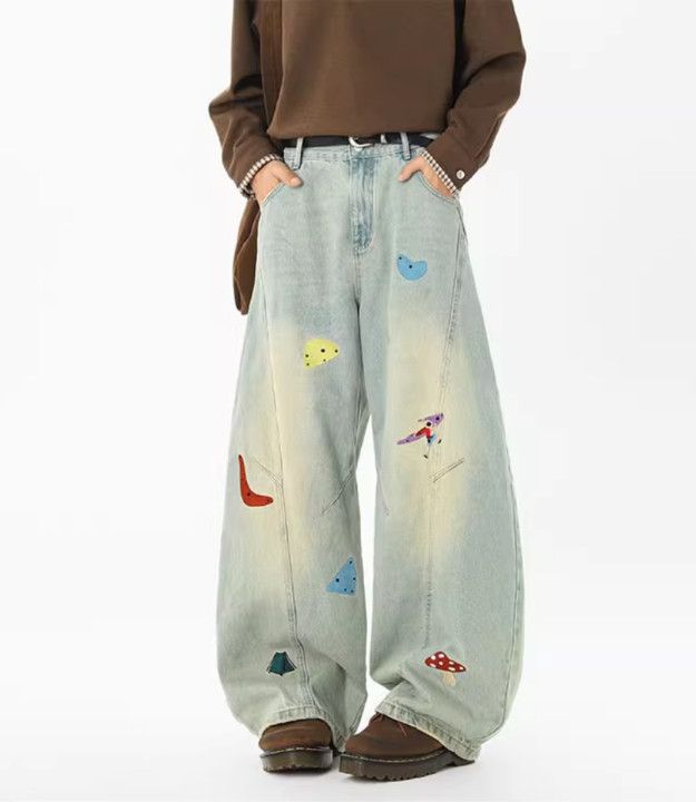 Vintage High-street fun embroidered curved blade patchwork jeans Size US 32 / EU 48 - 3 Thumbnail