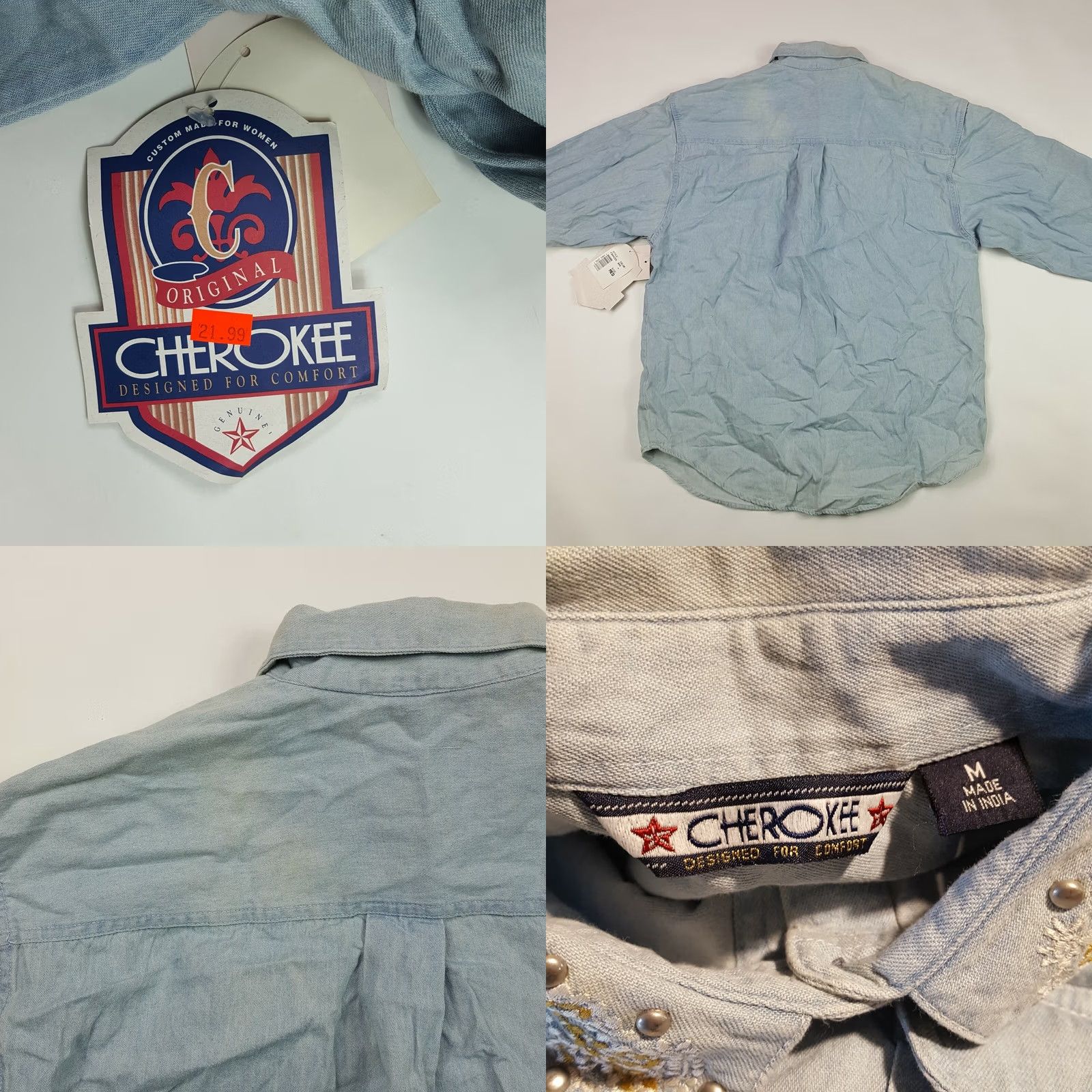 Cherokee VINTAGE Cherokee Western Denim Shirt Womens Size M Button-Up Studded Collared Southwestern Short Sleeve Blue 80s 90s Western Casual Mens? Size M / US 6-8 / IT 42-44 - 8 Thumbnail