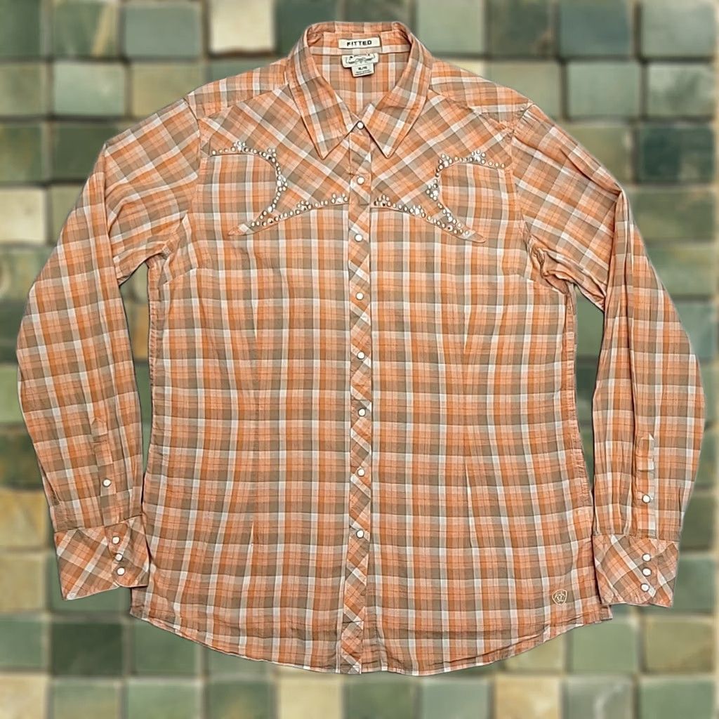 Ariat Ariat Shirt Womens XL Fitted Orange Plaid Long Sleeve Pearl Snap Western Cowboy Size XL / US 12-14 / IT 48-50 - 1 Thumbnail