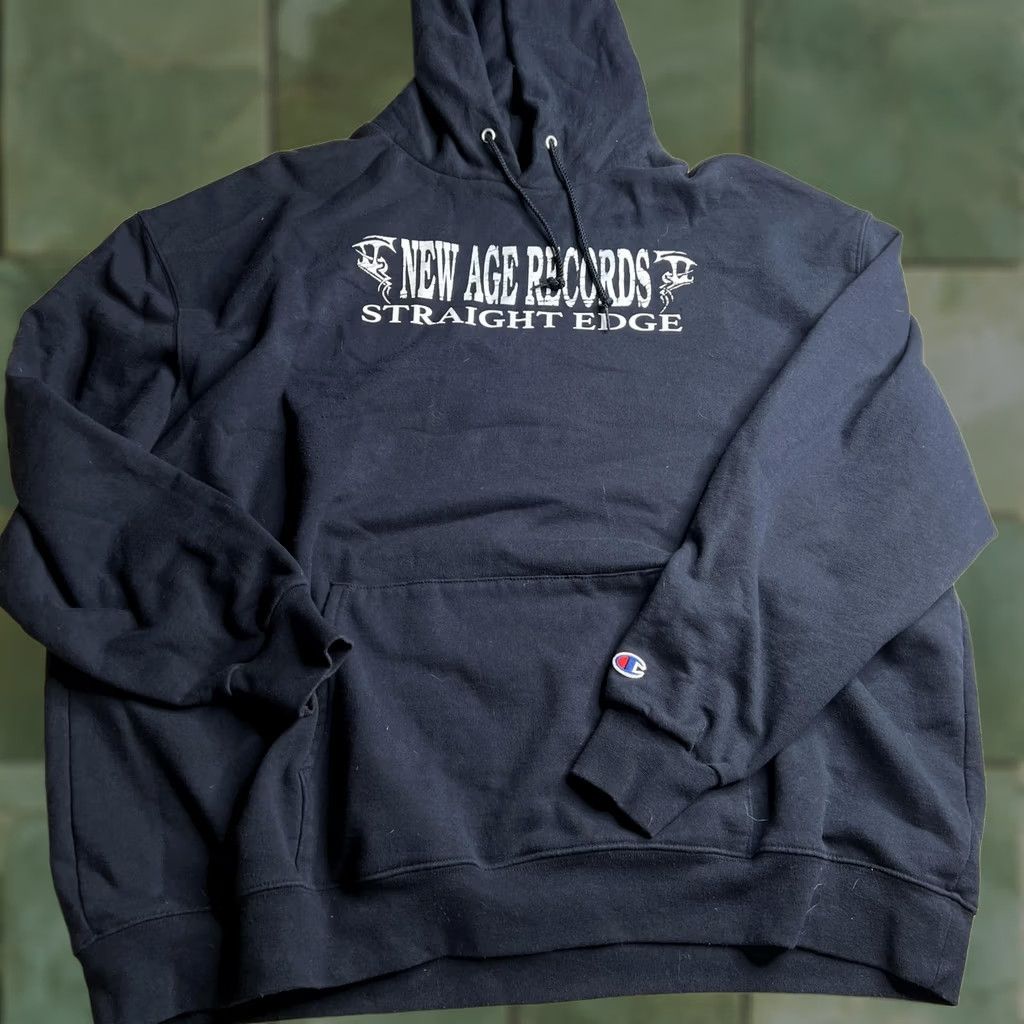Champion Champion Hoodie Mens 3XL Blue Fleece New Age Records Straight Edge Punk Rock Graphic Print Front Kangaroo Pocket Cuffed Crew Neck Pullover Size US XXL / EU 58 / 5 - 1 Thumbnail