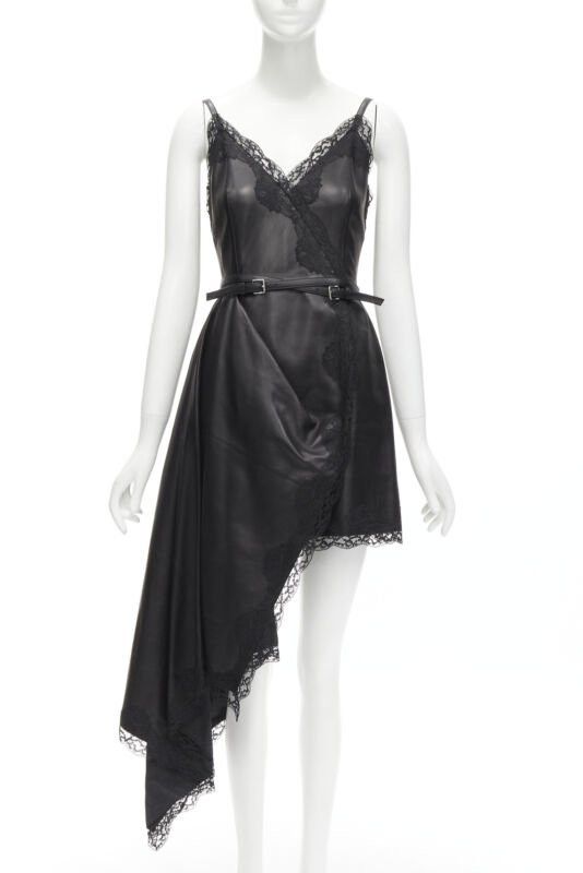 Alexander McQueen ALEXANDER MCQUEEN 2022 black leather lace asymmetric wrap draped dress IT38 XS Size XS / US 0-2 / IT 36-38 - 1 Thumbnail