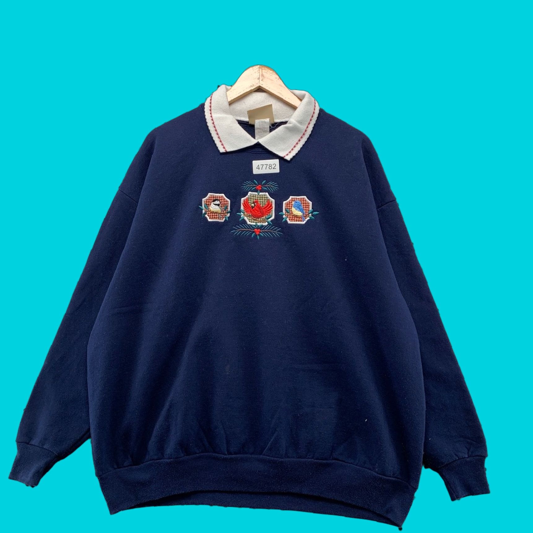 Vintage Vintage Morning Sun 2XL Blue Bird Collared Sweatshirt Women Top Stitch 90s Embroidered Pullover Sweatshirt Womens Size XXL / US 16-18 / IT 52-54 - 1 Thumbnail
