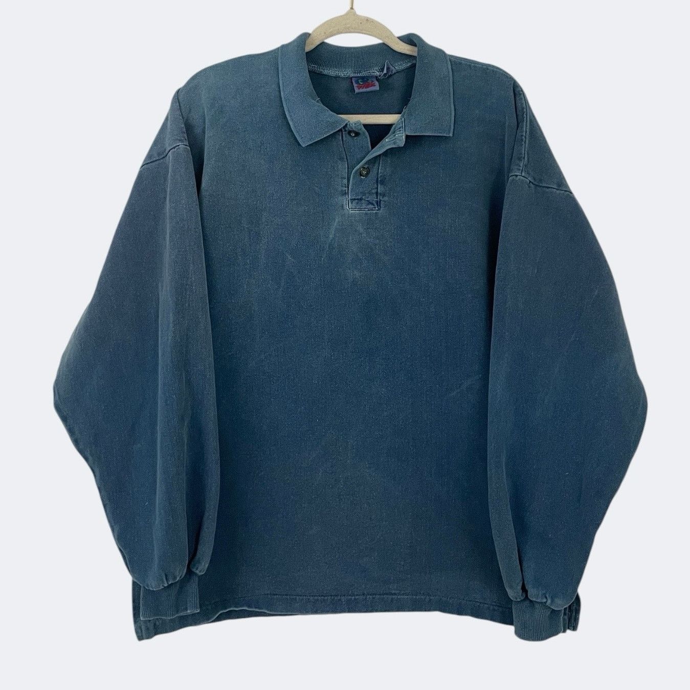 WEK Vintage Mens Faded Blue Long Sleeve Collared Polo Shirt