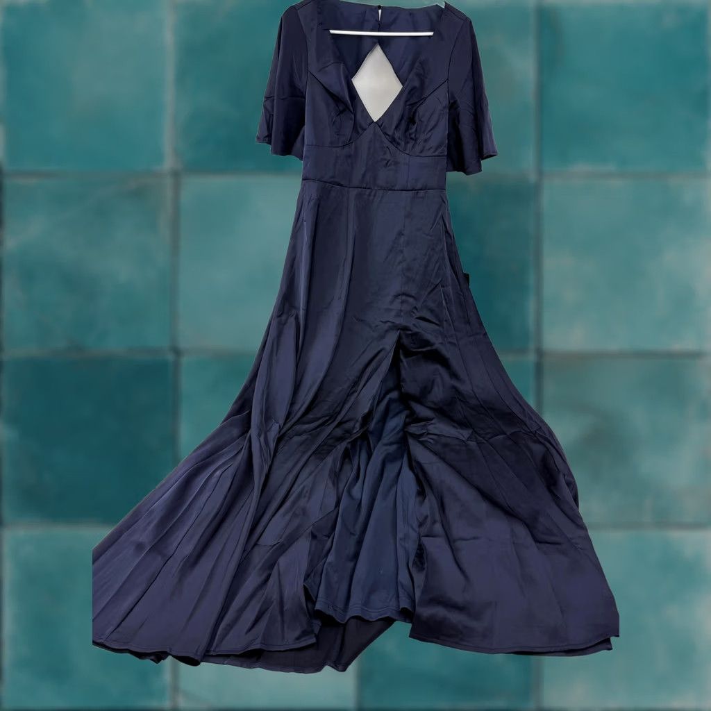 Lulus Lulus Dress Womens Large Blue Satin Flutter Sleeve V-Neck Cutout Maxi Gown Size L / US 10 / IT 46 - 1 Thumbnail