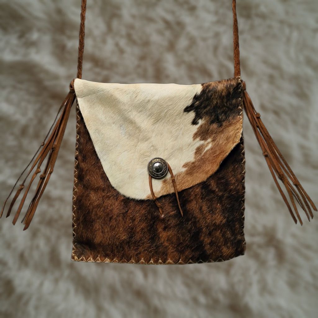 VINTAGE Artisan Crossbody Bag Leather Fringe Cowhide Purse Natural White & Black Leather Fringe Long Strap Mens Womens Unisex Adults