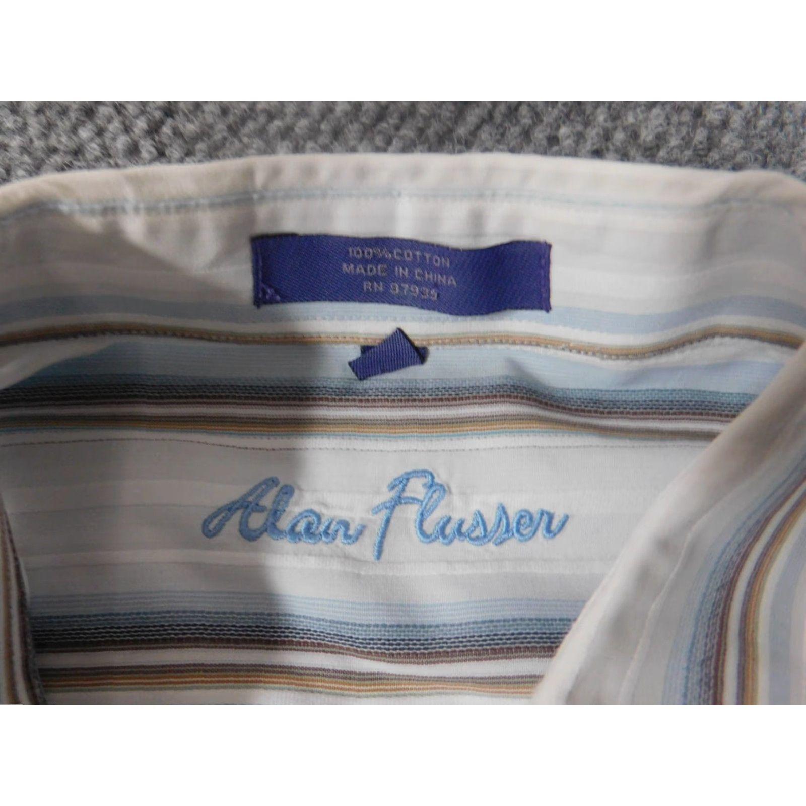 Vintage Alan Flusser Mens Shirt L White Striped Button-Down Long Sleeve Collared Cotton Knit Button-Up Pocket Vintage No Size US L / EU 52-54 / 3 - 6 Thumbnail