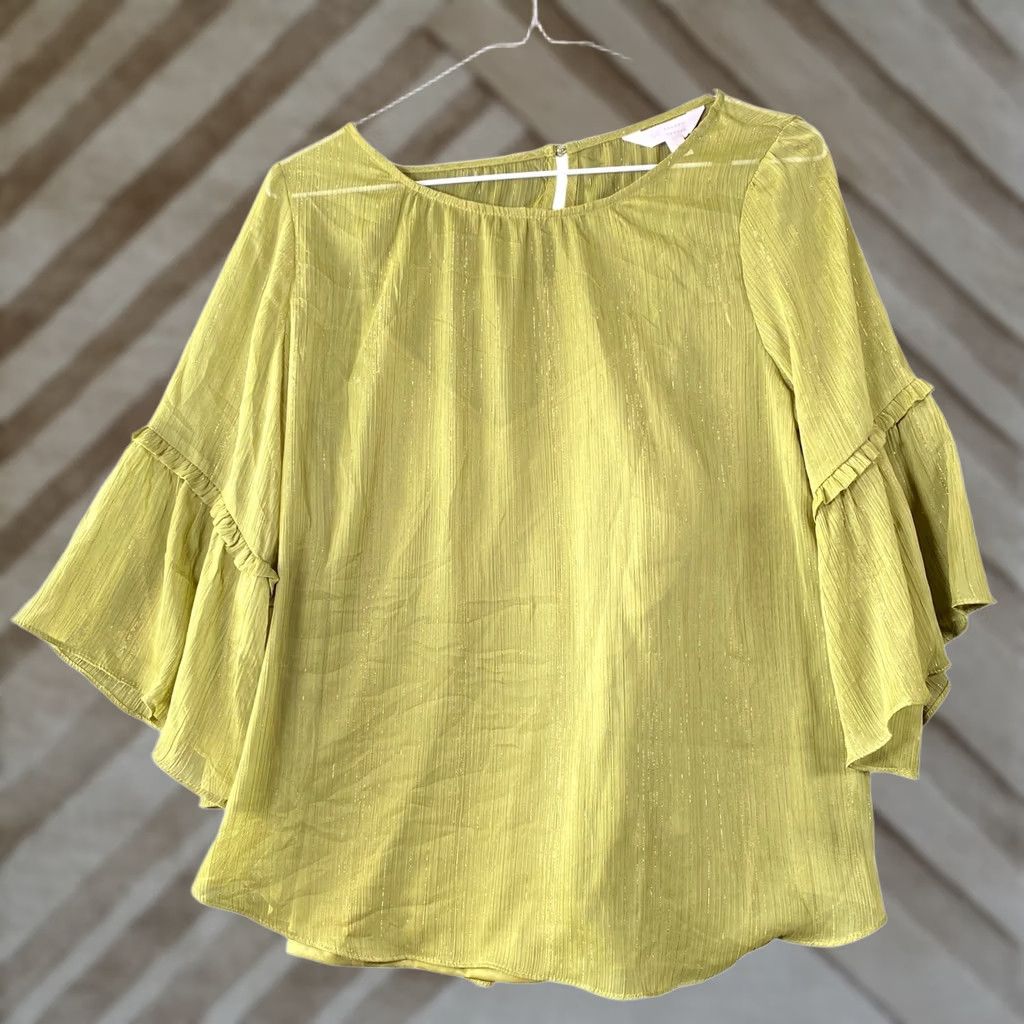 Lauren Conrad VINTAGE LC Lauren Conrad Womens Blouse Green Yellow Round Neck Sheer Bell Sleeve S Size S / US 4 / IT 40 - 1 Thumbnail