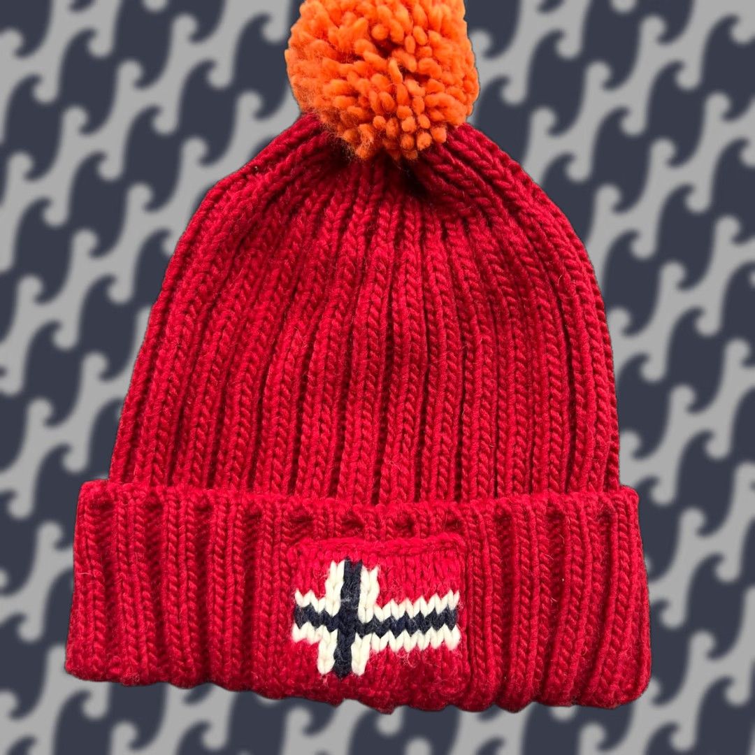 Napapijri Napapijri Beanie Hat One Size OS Red Norway Flag Ribbon Cuffed Pom Pom Knit Unisex Adults Shipped OS Size ONE SIZE - 1 Thumbnail