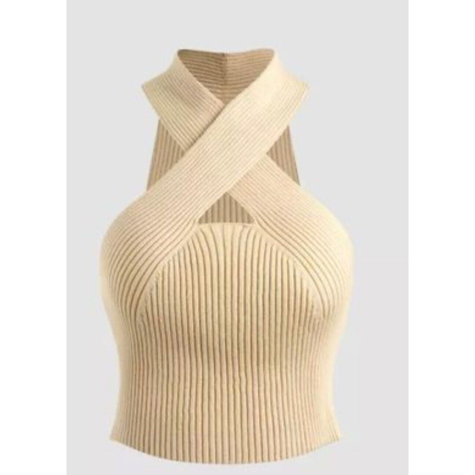 Cider Cider Beige Rib Sleeveless Criss Cross Front Halter Crop Top Size XL / US 12-14 / IT 48-50 - 9 Thumbnail