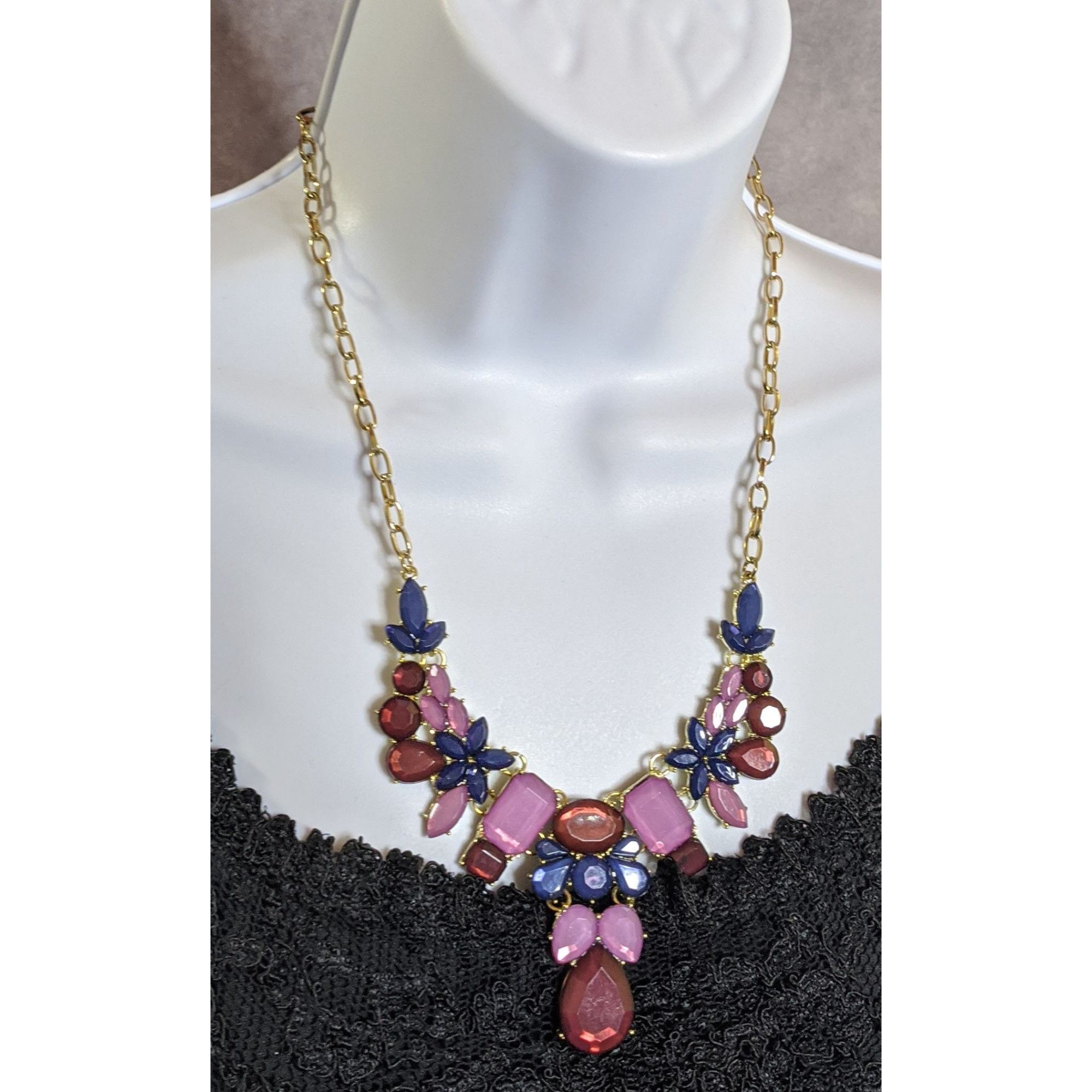 Other Floral Jewel Tone Statement Necklace With Red Pink & Navy Ge Size ONE SIZE - 4 Thumbnail
