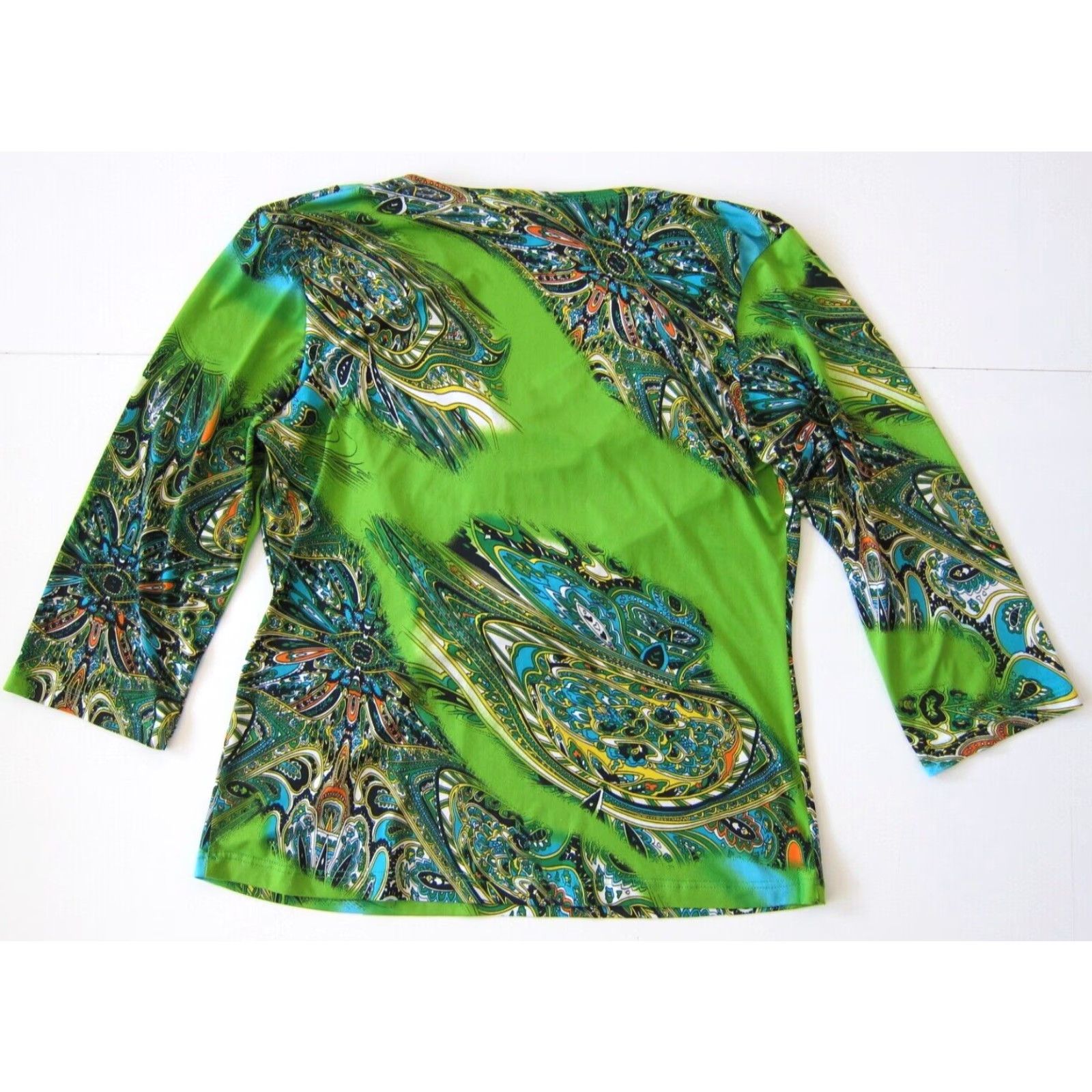 Vintage Caribe Blouse 3/4 Sleeve Ruched Neck Paisley Stretch M Green Black Blue Floral Shirt Womens Size M / US 6-8 / IT 42-44 - 2 Thumbnail