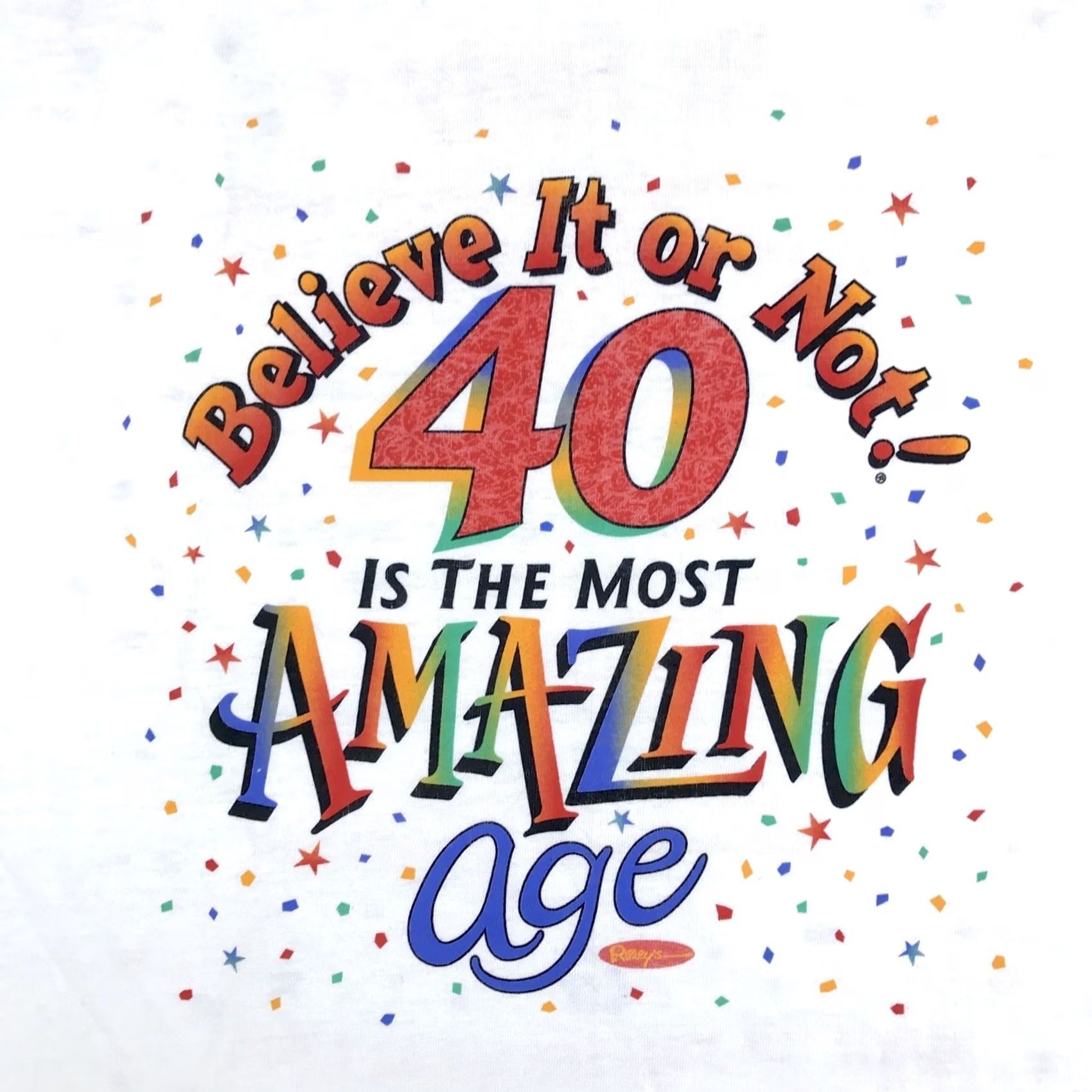 Fruit Of The Loom NOS vtg 90s RIPLEY’S BELIEVE IT OR NOT 40 IS THE MOST AMAZING AGE T-Shirt L bday Shirt Men White Cotton Double-Sided Vintage 80s 90s Funny Novelty Size US L / EU 52-54 / 3 - 4 Thumbnail