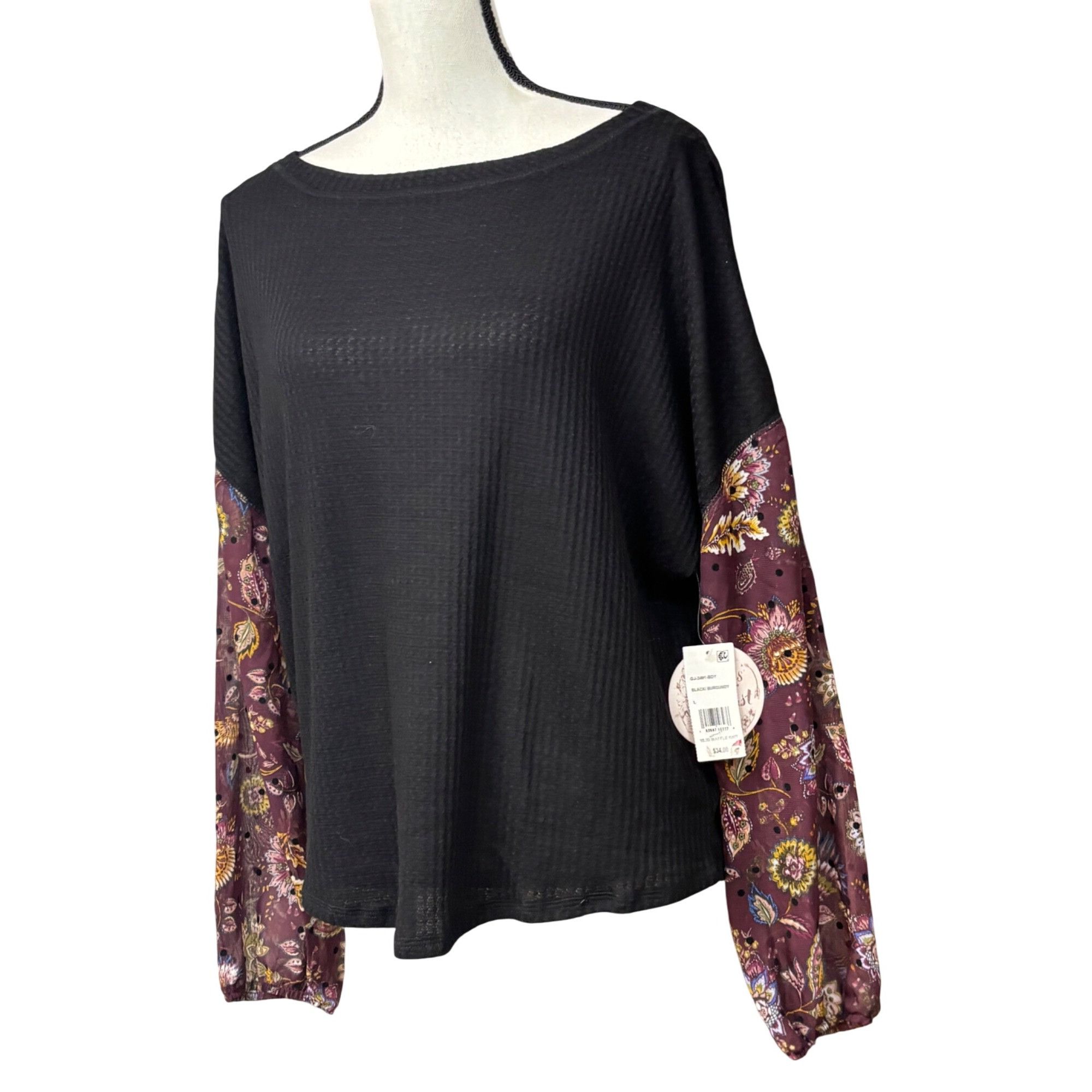 Other Gypsies & Moondust Juniors' Waffle Knit Sheer Sleeve Top, Bu Size L / US 10 / IT 46 - 1 Thumbnail