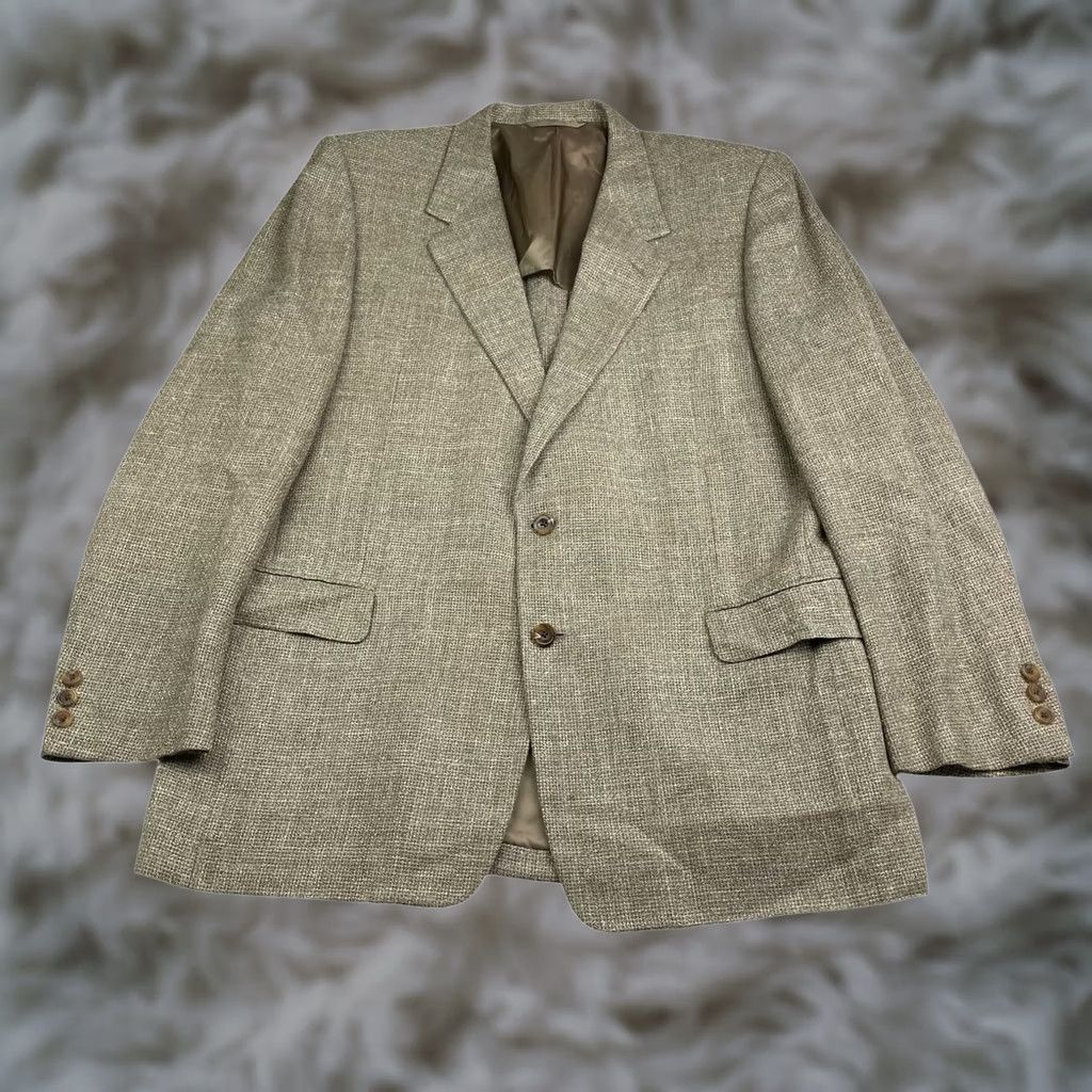 Vintage VINTAGE Hickey Freeman Blazer Men’s Beige Tweed Silk/Linen/Wool 44L 2-Button Single-Breasted Notch Lapel Long Jacket/Coat Mens Size 44R - 1 Thumbnail