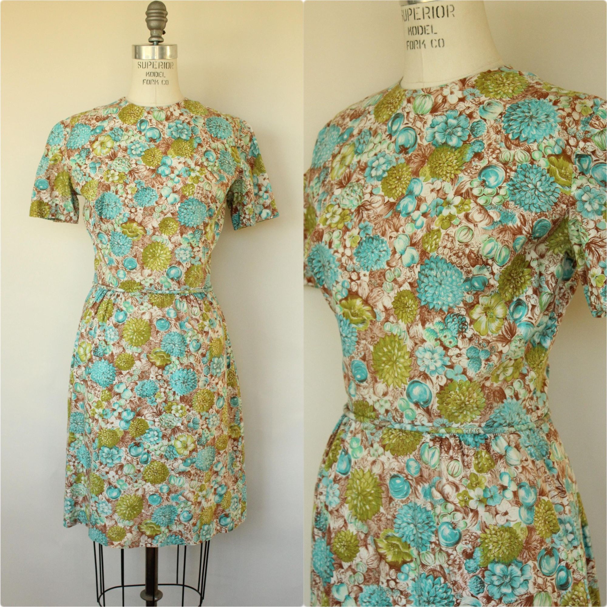 Vintage Vintage 1960s Wiggle Dress, Green and Blue and Brown Floral Size M / US 6-8 / IT 42-44 - 1 Thumbnail