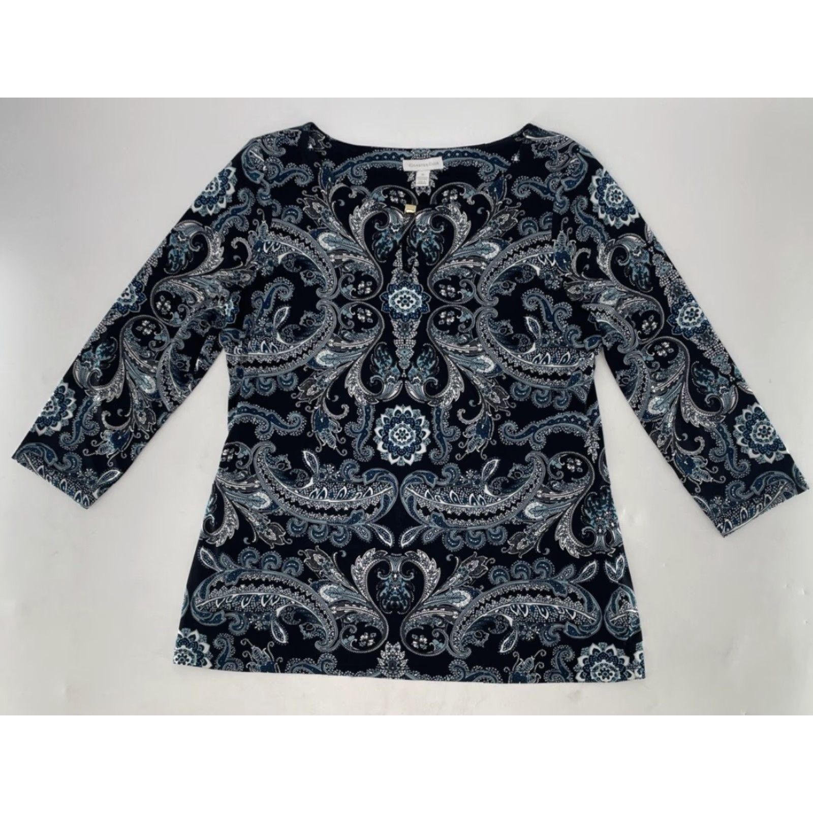 Charter Club Charter Club Blouse Shirt 3/4 Sleeve Paisley Blue Size M Career Regular Women Size M / US 6-8 / IT 42-44 - 3 Thumbnail
