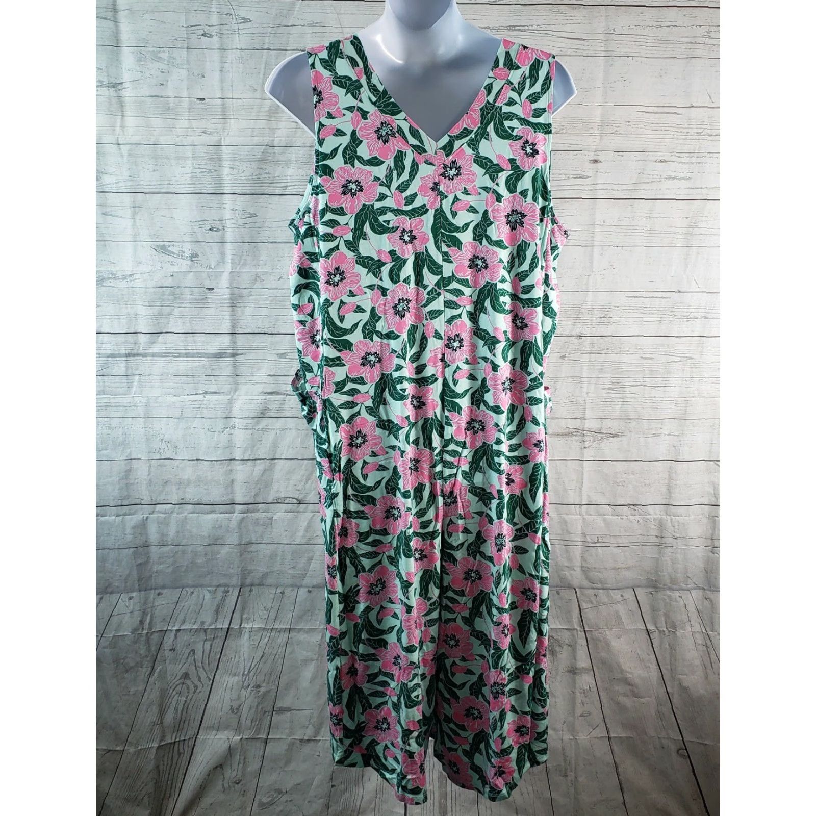 Vintage AnyBody Womens Cozy Knit Luxe V-Neck Gaucho Jumpsuit Sz 3XT Tall Green Pink Size 40" / US 18 - 3 Thumbnail