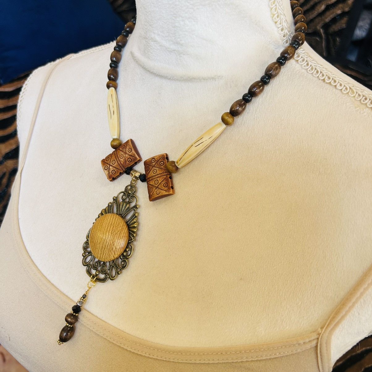 Handmade Handcrafted wood medallion filigree brass pendant necklace Size ONE SIZE - 3 Thumbnail