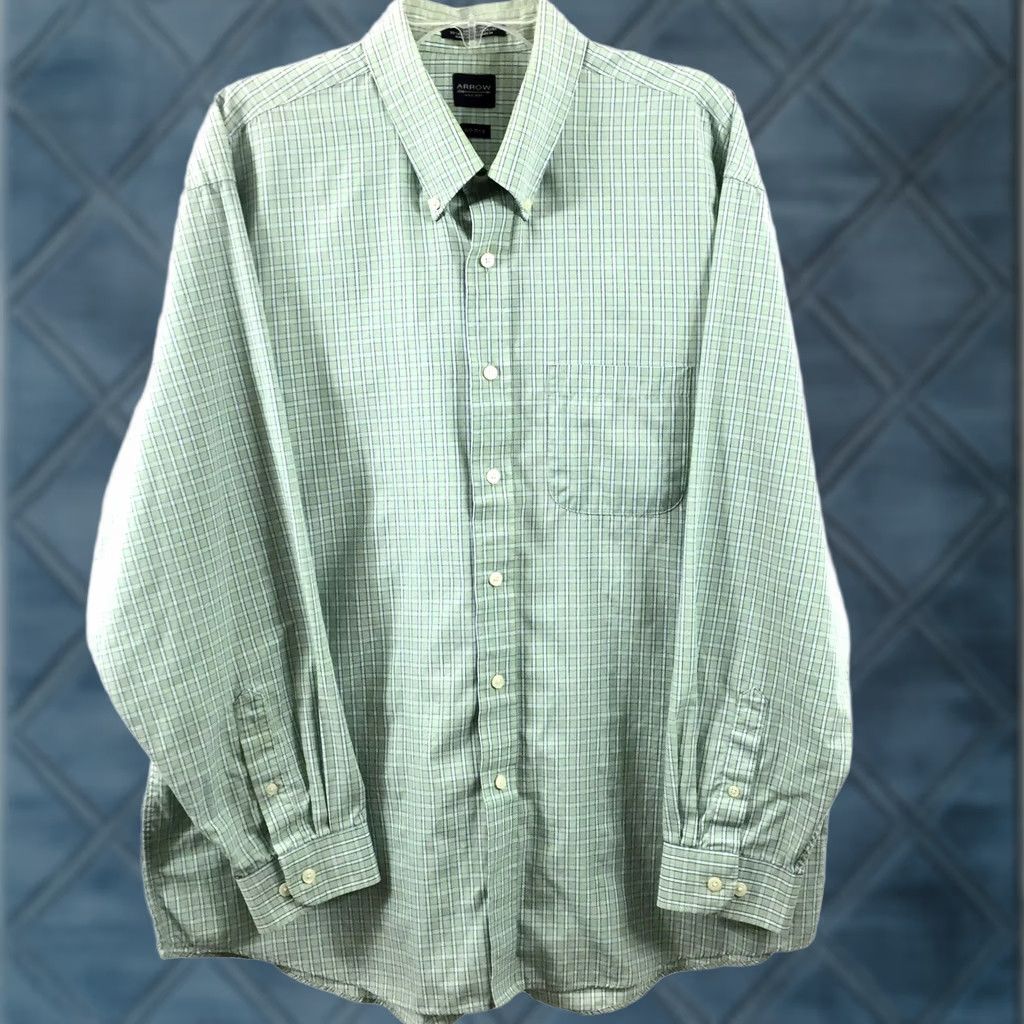 Arrow Arrow Shirt Mens XL Green Blue Check Long Sleeve Button-Down Wrinkle Free Size US XL / EU 56 / 4 - 1 Thumbnail