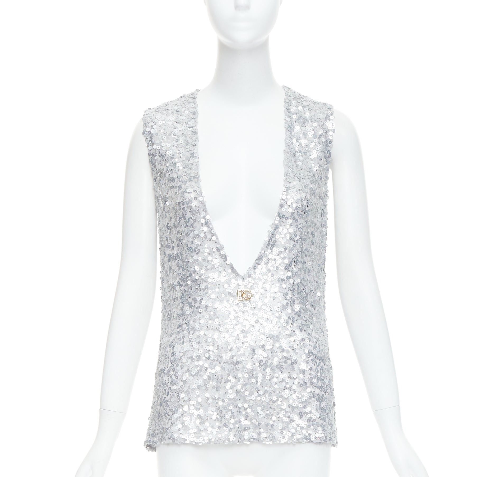 Dolce & Gabbana DOLCE GABBANA 2022 Runway silver sequins DG charm plunge neck top IT36 XXS Size XS / US 0-2 / IT 36-38 - 1 Thumbnail