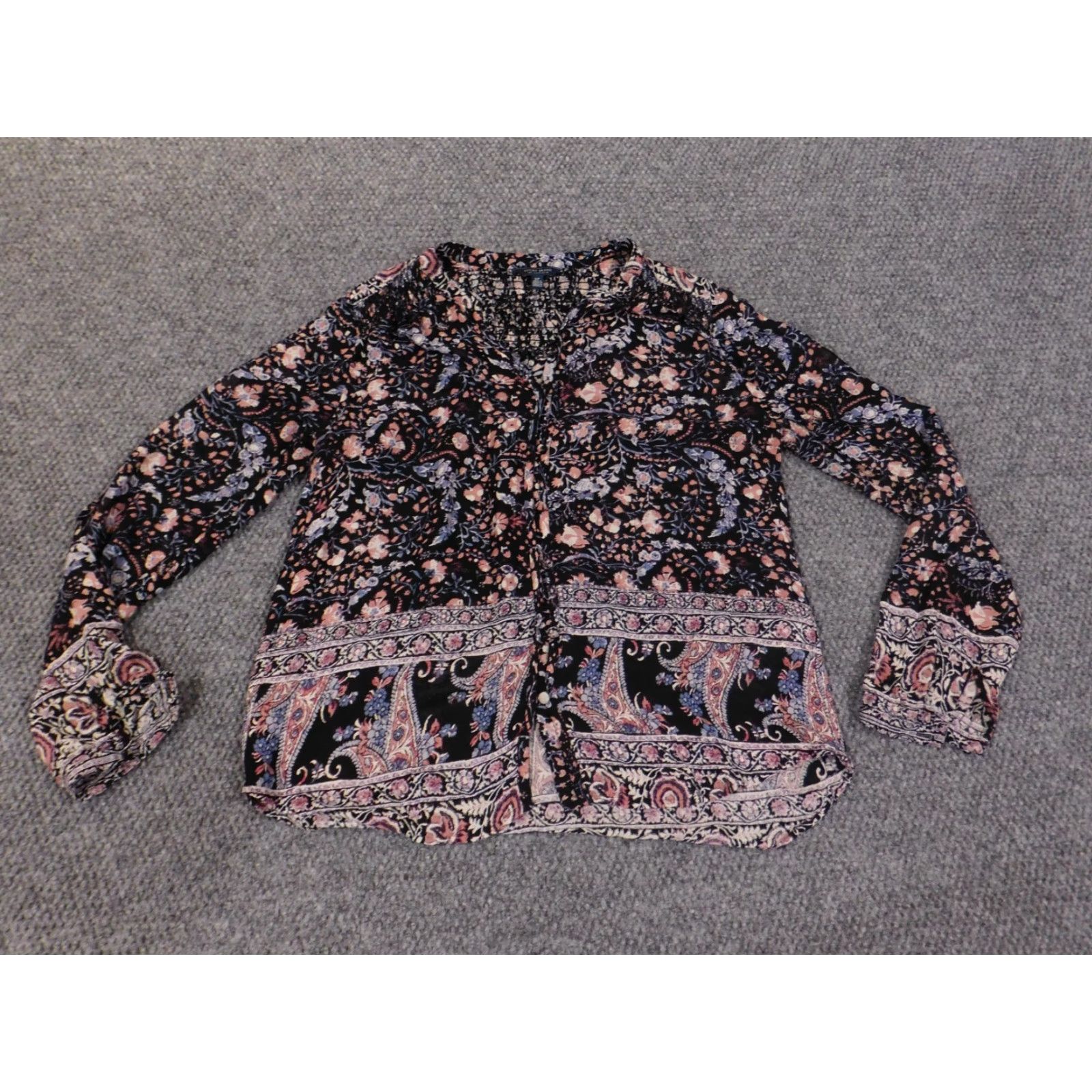 Lucky Brand Lucky Brand Button-Up Womens Top Small Black Floral Geometric Casual Viscose Size S / US 4 / IT 40 - 2 Thumbnail