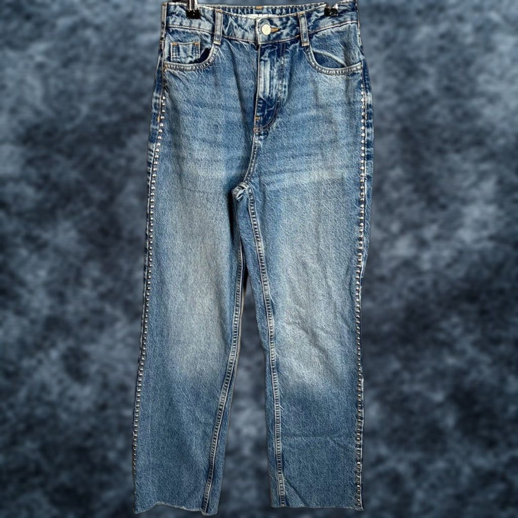 Zara VINTAGE Zara Womens Distressed Denim Jeans with Studded Details Size 2 Blue High Rise Straight Size 26" / US 2 / IT 38 - 1 Thumbnail