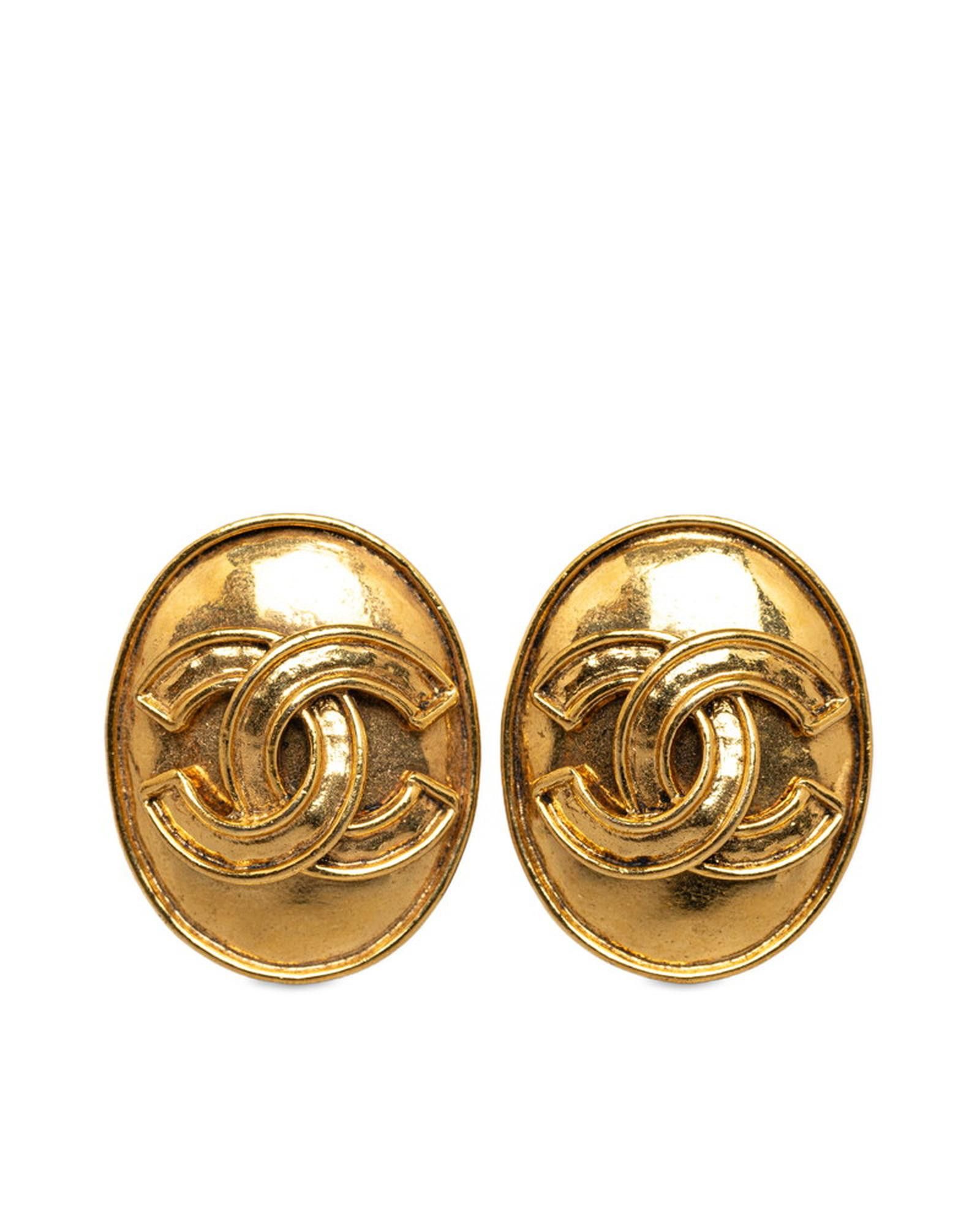 image of Gold Chanel Cc Oval Clip On Earrings - Ab Condition, Women's