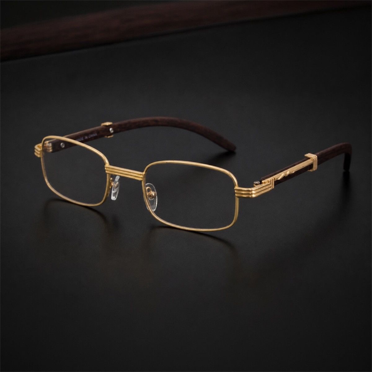 Other Mens Hip Hop 18k Gold Frame Rectangle Clear Lens Wood Grain Size ONE SIZE - 3 Thumbnail