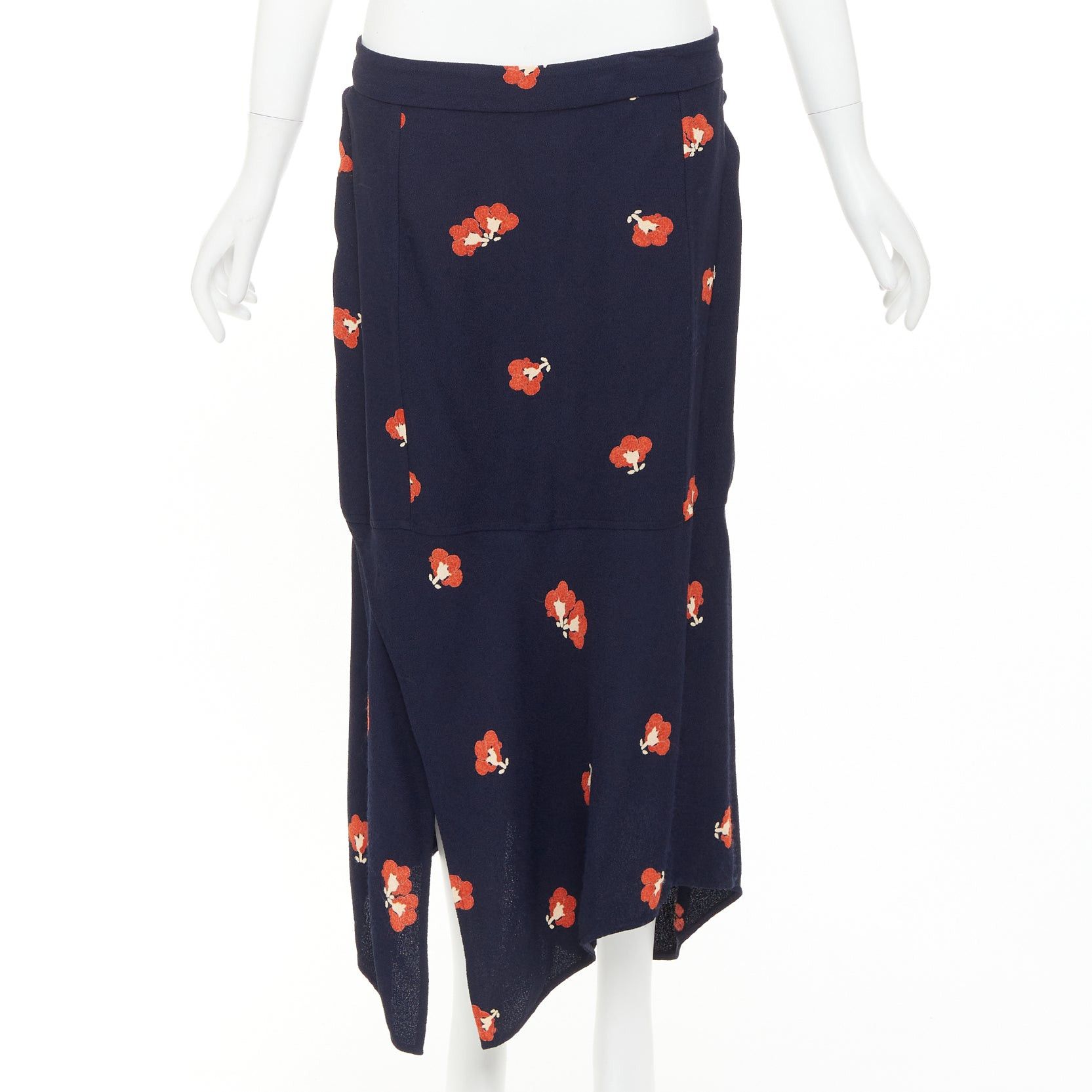 Victoria Beckham VICTORIA BECKHAM 2018 navy orange floral print asymmetric panelled midi skirt UK10 M Size 28" / US 6 / IT 42 - 1 Thumbnail